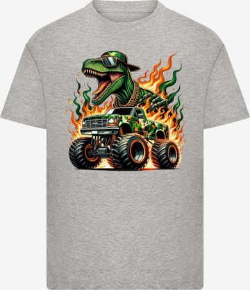 F4NT4STIC T Shirt 'Dinosaurier Monster Truck Feuer‘ in Grau: Vorderseite