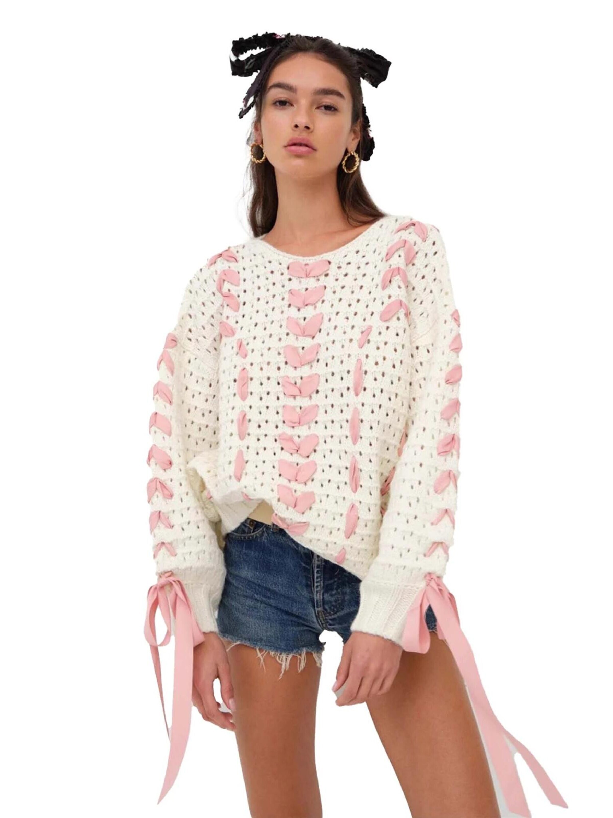 KoJooin Sticktop 'Damen Rundhalspullover mit Schleifenbindung Strickpullover für lässige Alltags-und Freizeitoutfits'‌‌‌‌‌‌‌‌‌ in Weiß