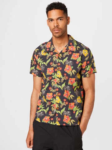 King Kerosin Regular fit Button Up Shirt 'Hibiscus' in Black: front