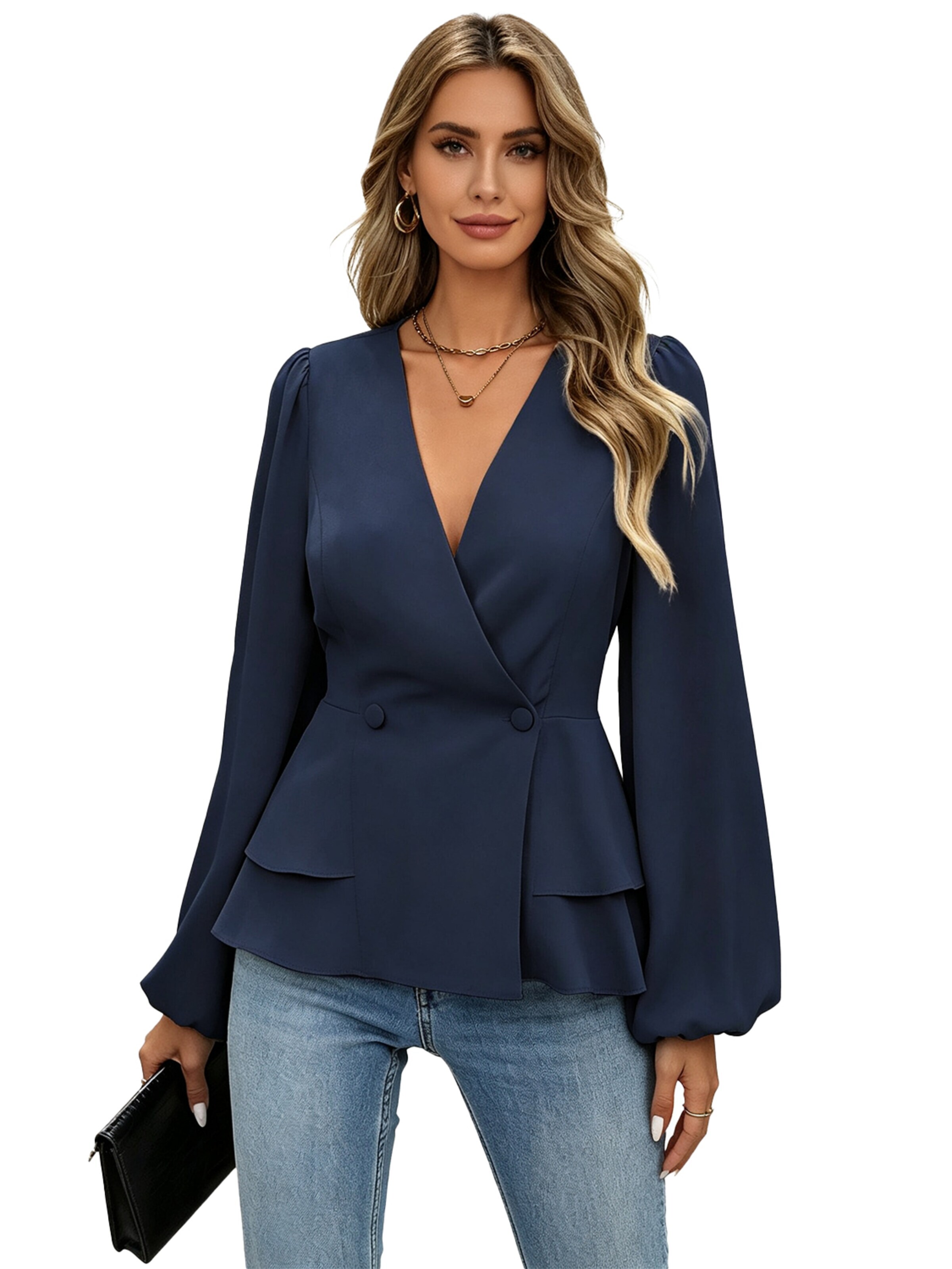 KoJooin Bluse 'Damen Wickelkleid mit V-Ausschnitt, Peplum und Puffärmeln – Elegante Bluse mit Knopfleiste für Büro'‌‌‌‌‌‌‌‌‌‌ in Blau: Vorderseite