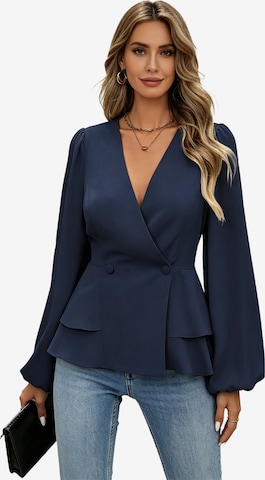 KoJooin Blouse 'Damen Wickelkleid mit V-Ausschnitt, Peplum und Puffärmeln – Elegante Bluse mit Knopfleiste für Büro' in Blue: front