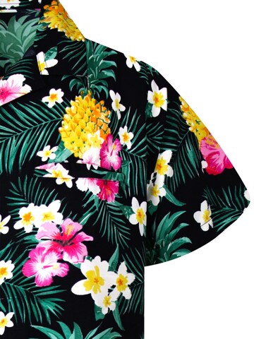 King Kameha Regular fit Button Up Shirt 'Pineapple Flowers' in Black
