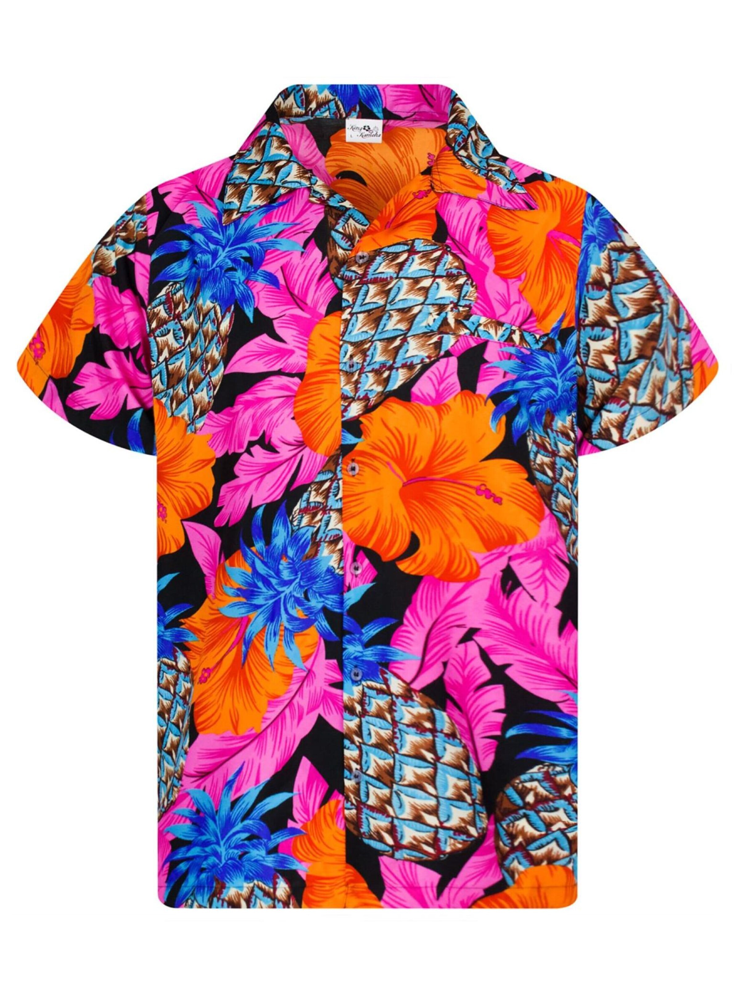 King Kameha Shirt 'Pineapple Hibiscus Black Line' in Roze: voorkant
