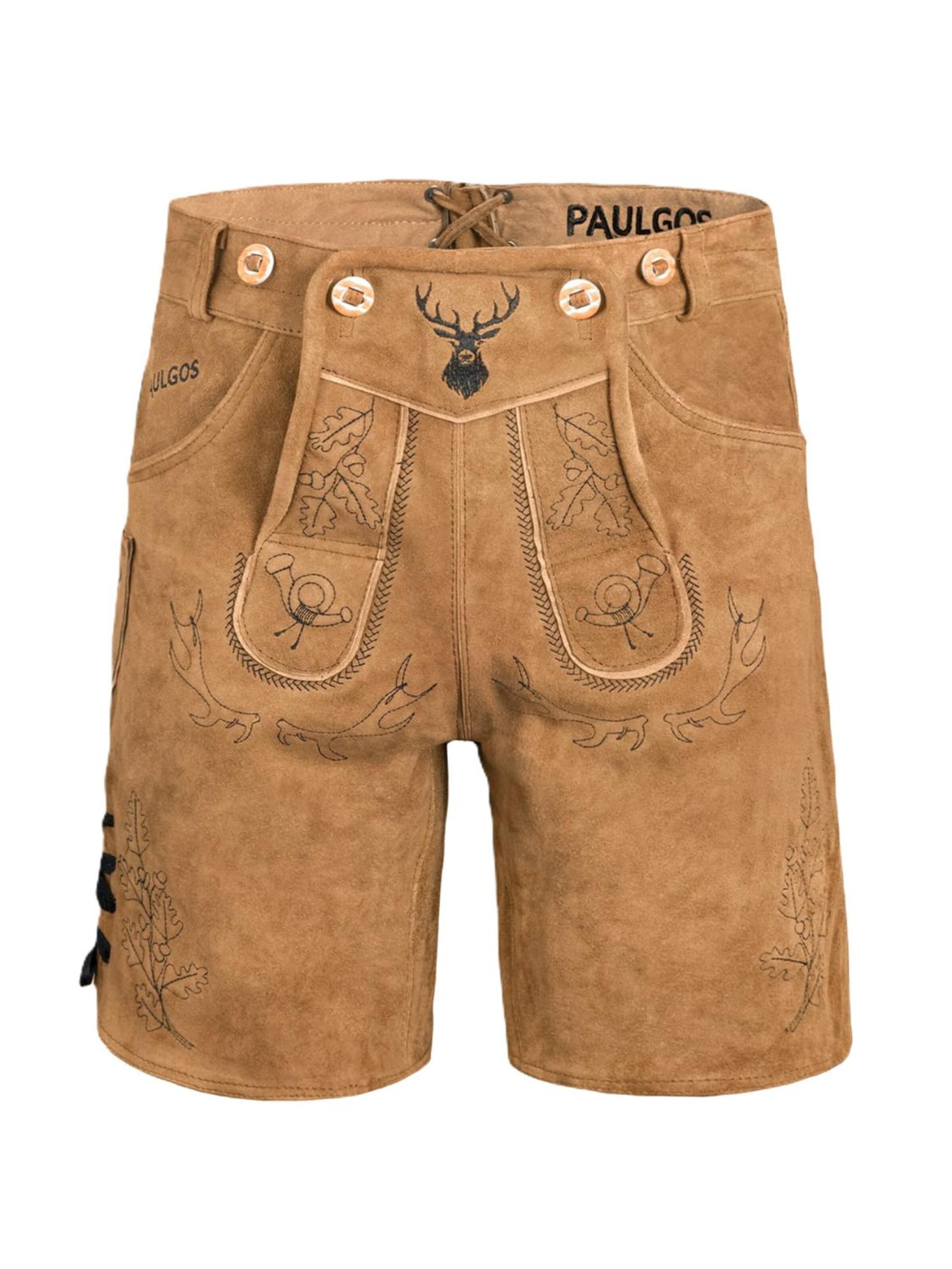 Paulgos Regular Traditional Pants 'PAULGOS Herren Trachten Lederhose Kurz - HK5 - Echtes Leder - in 3 Farben erhältlich - Größe 44 - 60' in Brown: front