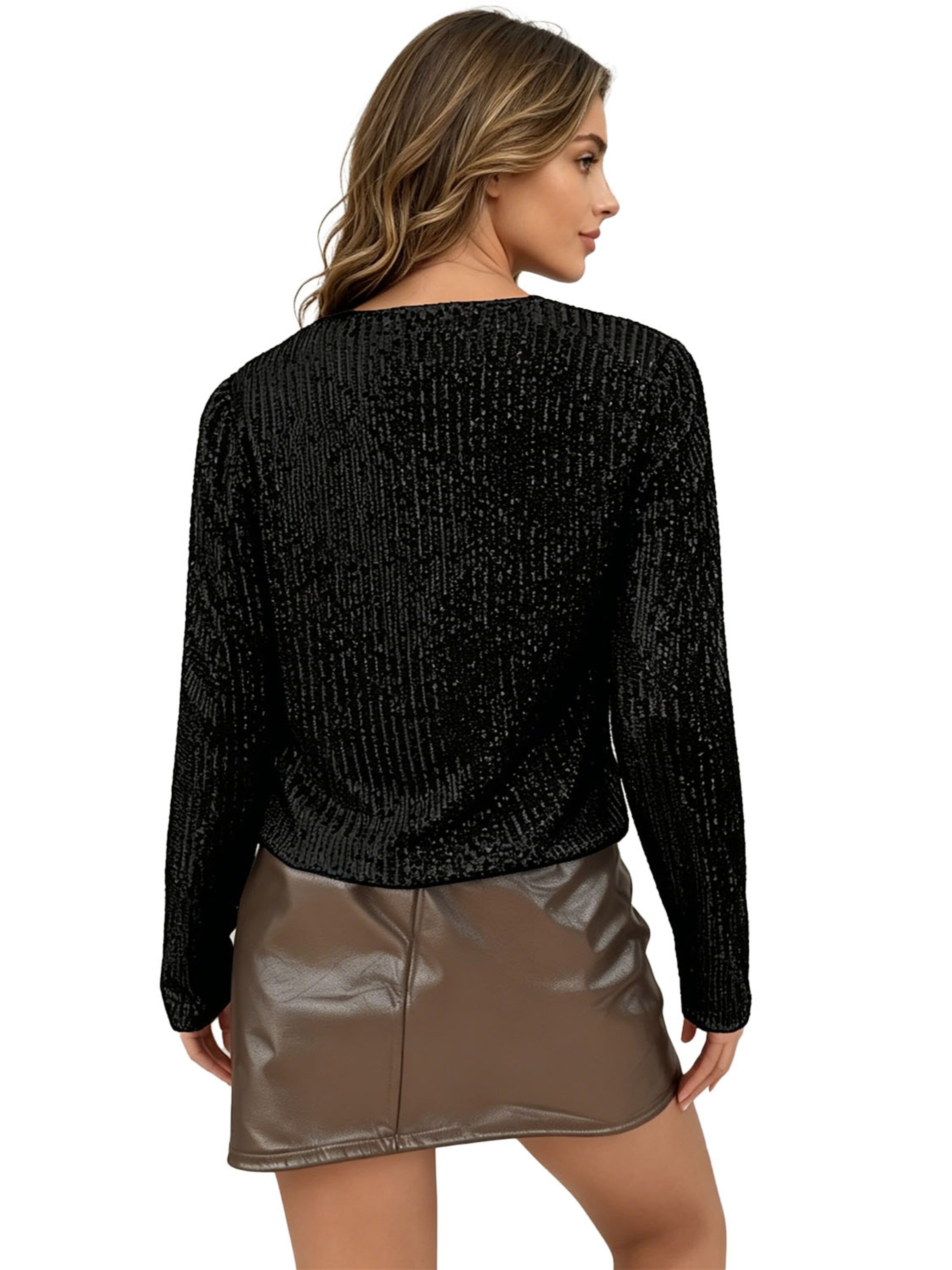 KoJooin Marynarka 'Paillettenbesetzter Damen-Blazer mit offenem Vorderteil, kragenlos, glitzernd' w kolorze czarny