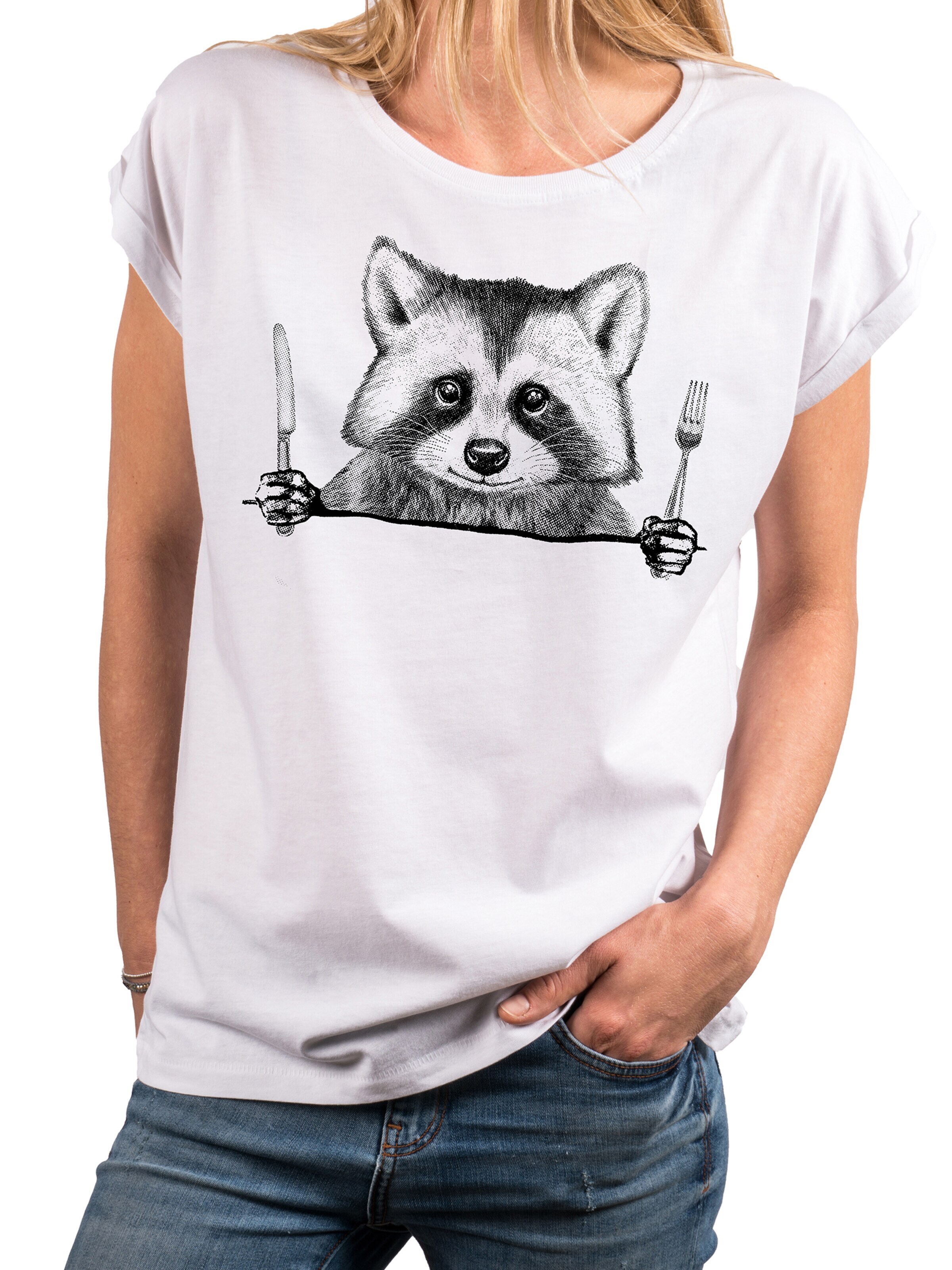 MAKAYA Shirt 'Waschbär Gabel' in White