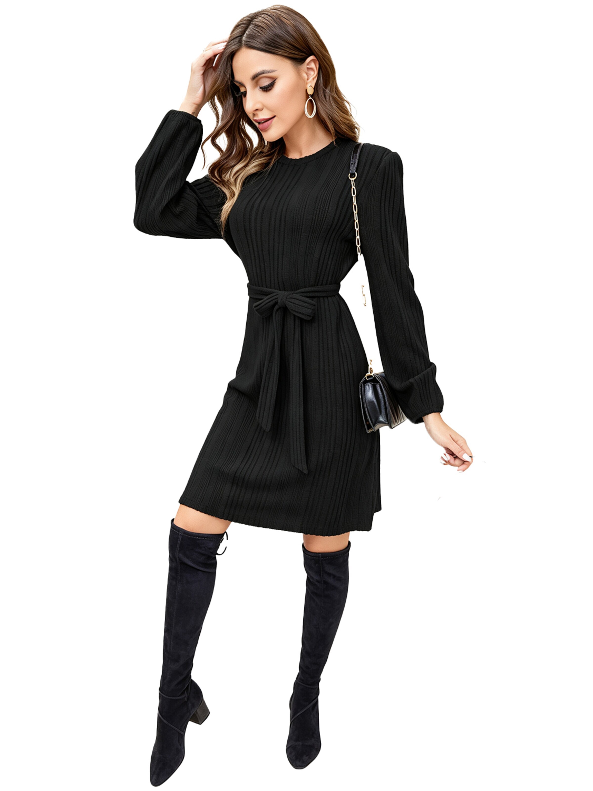 KoJooin Kleid 'Damen Strickkleid für Herbst und Winter Lässiges,Rippstrick,Fließendes Kleid mit Gürtel für Arbeit'‌‌‌‌‌‌‌ in Schwarz