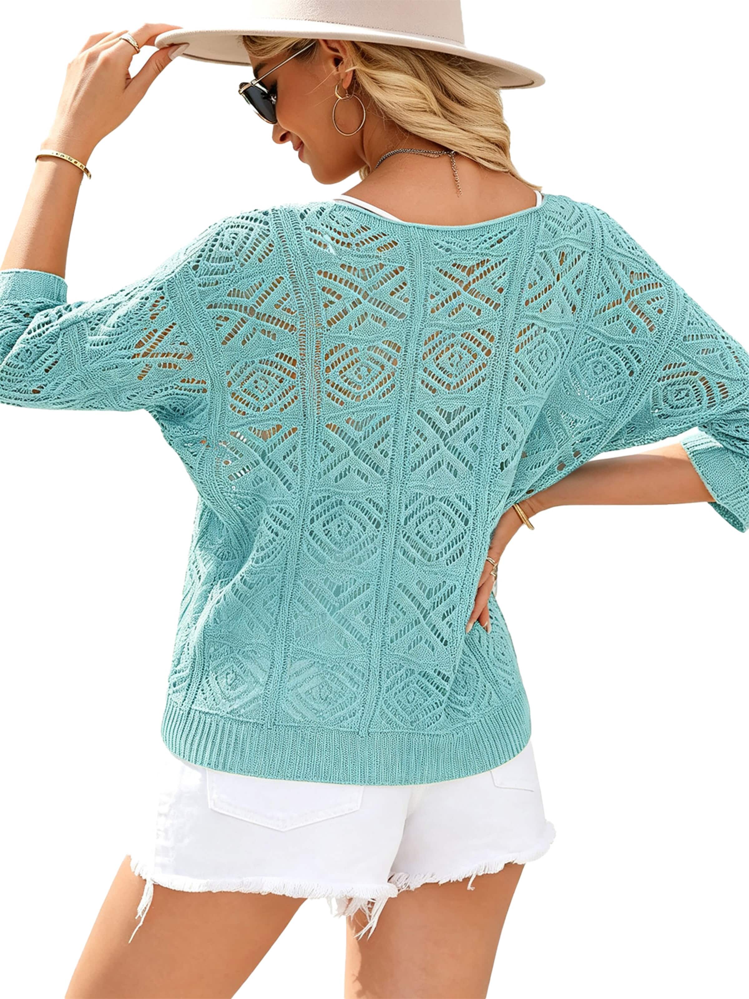 KoJooin Sweter 'Damen Häkelpullover mit V-Ausschnitt – Off-Shoulder Design, 3/4-Ärmel und Feinem Lochmuster' w kolorze niebieski