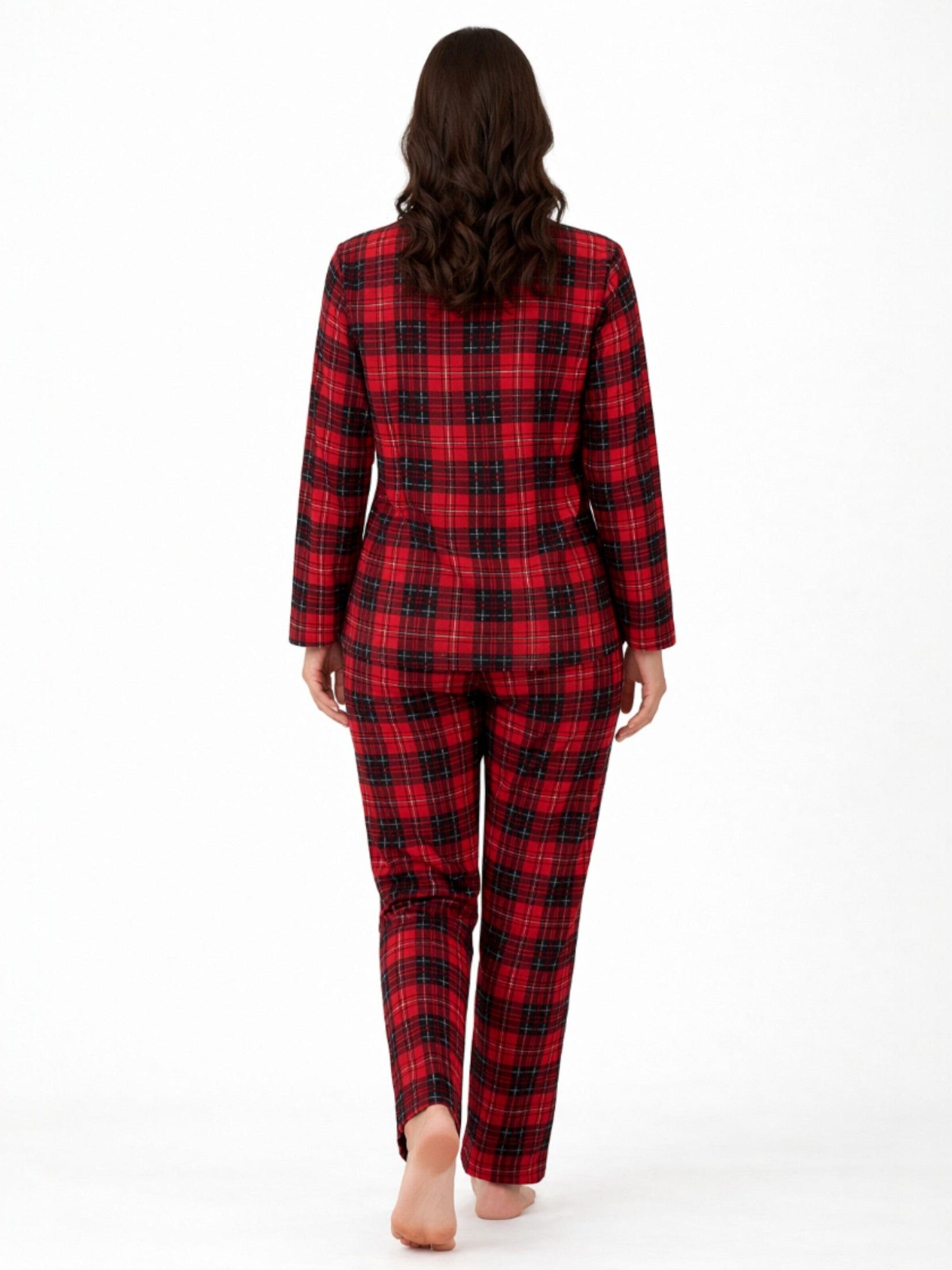 fashionshowcase - Pijama 'Pyjama Damen Schlafanzug Hausanzug Bordeaux kariert mit Knopfleiste' en rojo