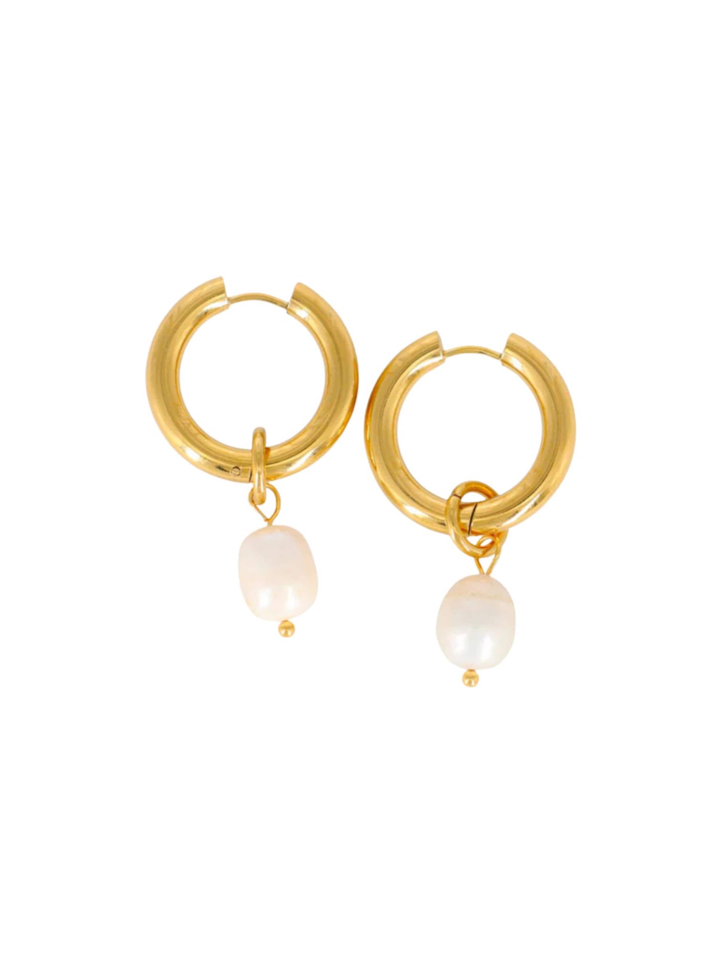Fräulein Wunder Earrings 'Creolen Süsswasserperlen Gross Edelstahl Gold' in Gold: front