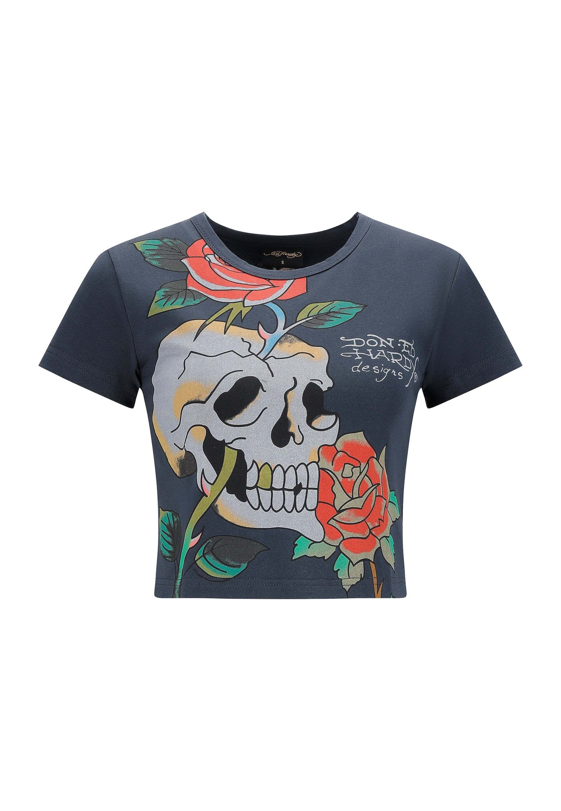 Ed Hardy Μπλουζάκι 'Totenkopf Kletterrose' σε γκρι: μπροστά