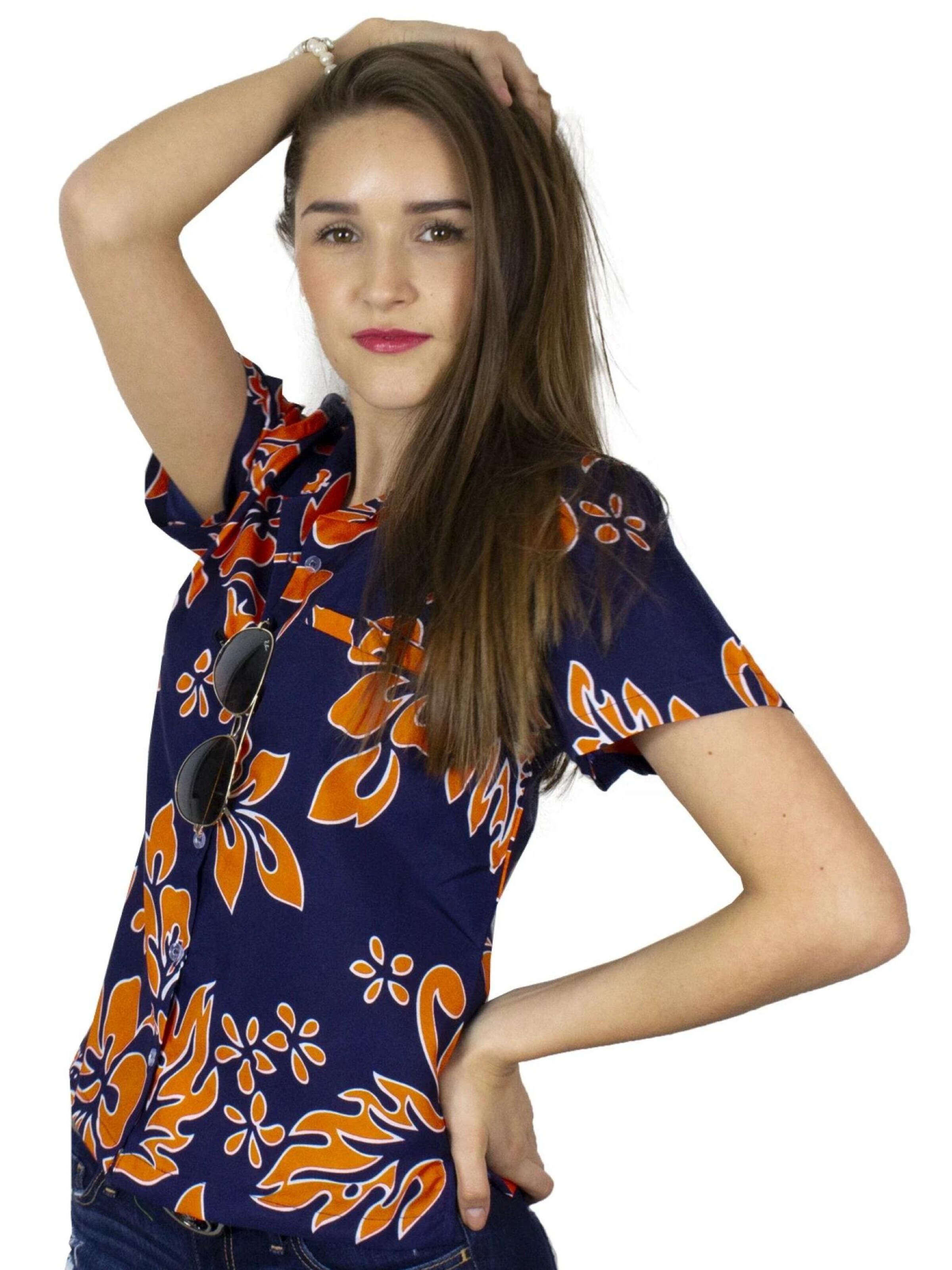 Camicia da donna 'Hibiscus Blue Line' di King Kameha in arancione