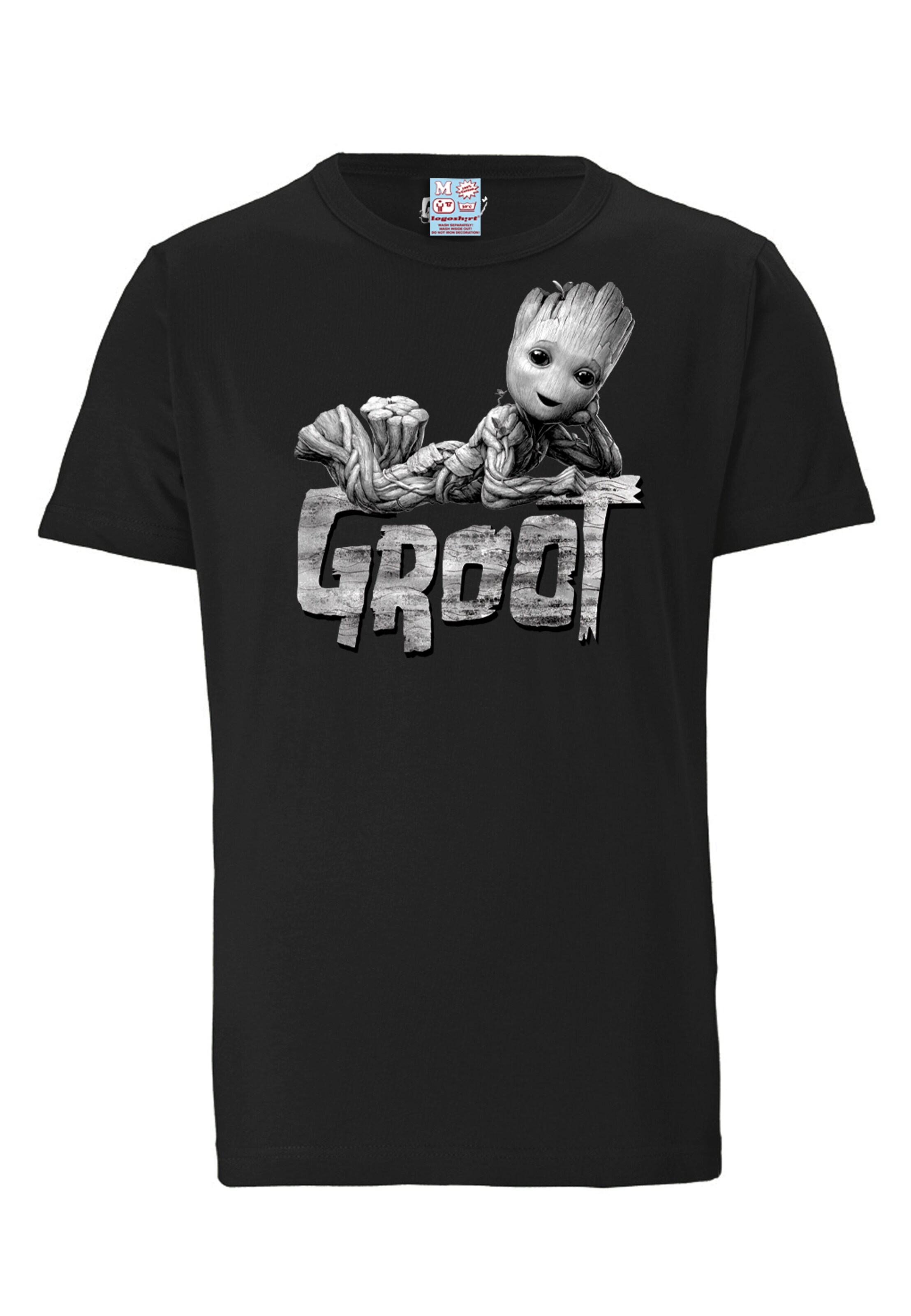 LOGOSHIRT Shirt 'Marvel - Groot' in Zwart: voorkant