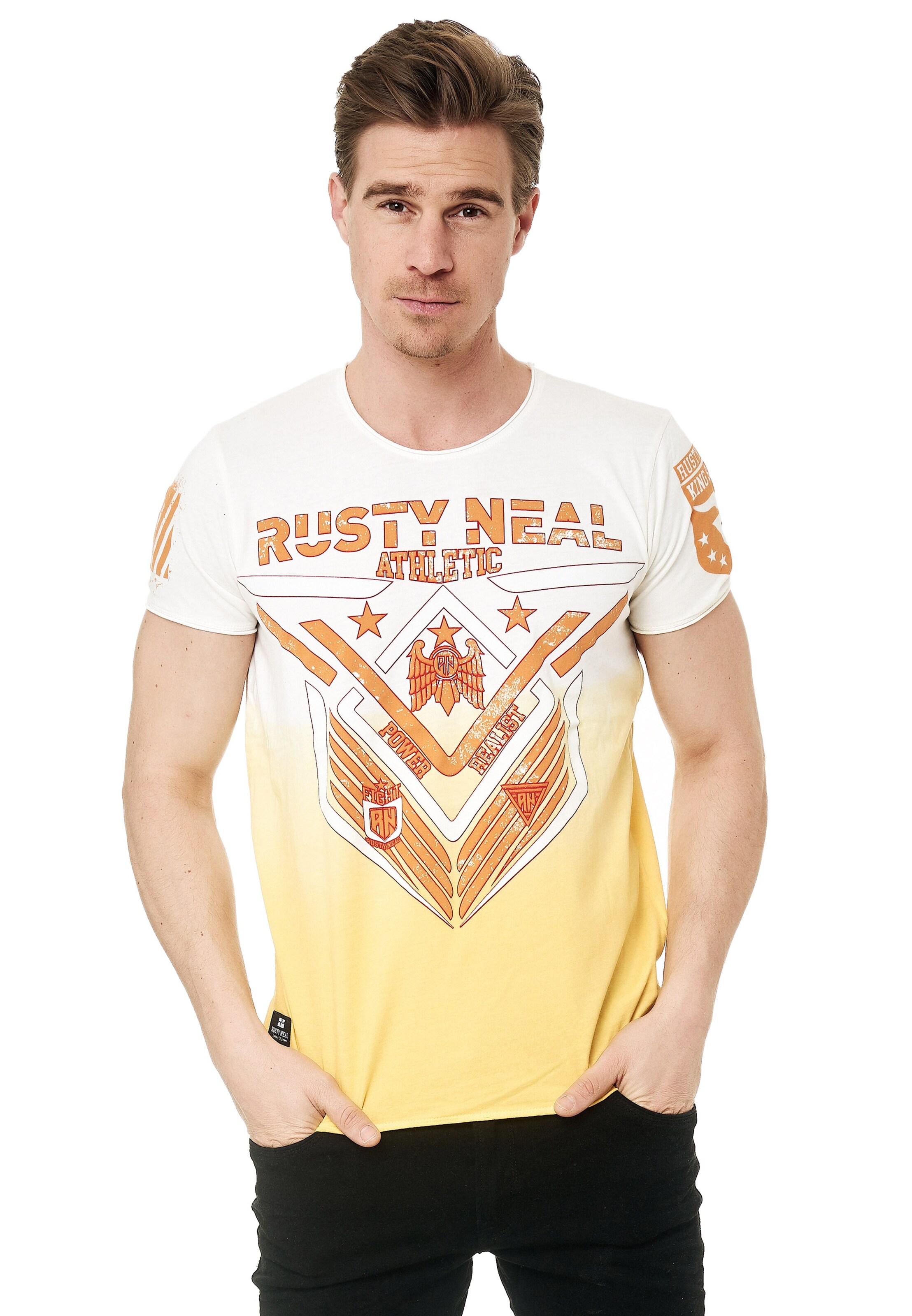 Rusty Neal T-Shirt aus formbeständiger Baumwolle in Gelb: Vorderseite