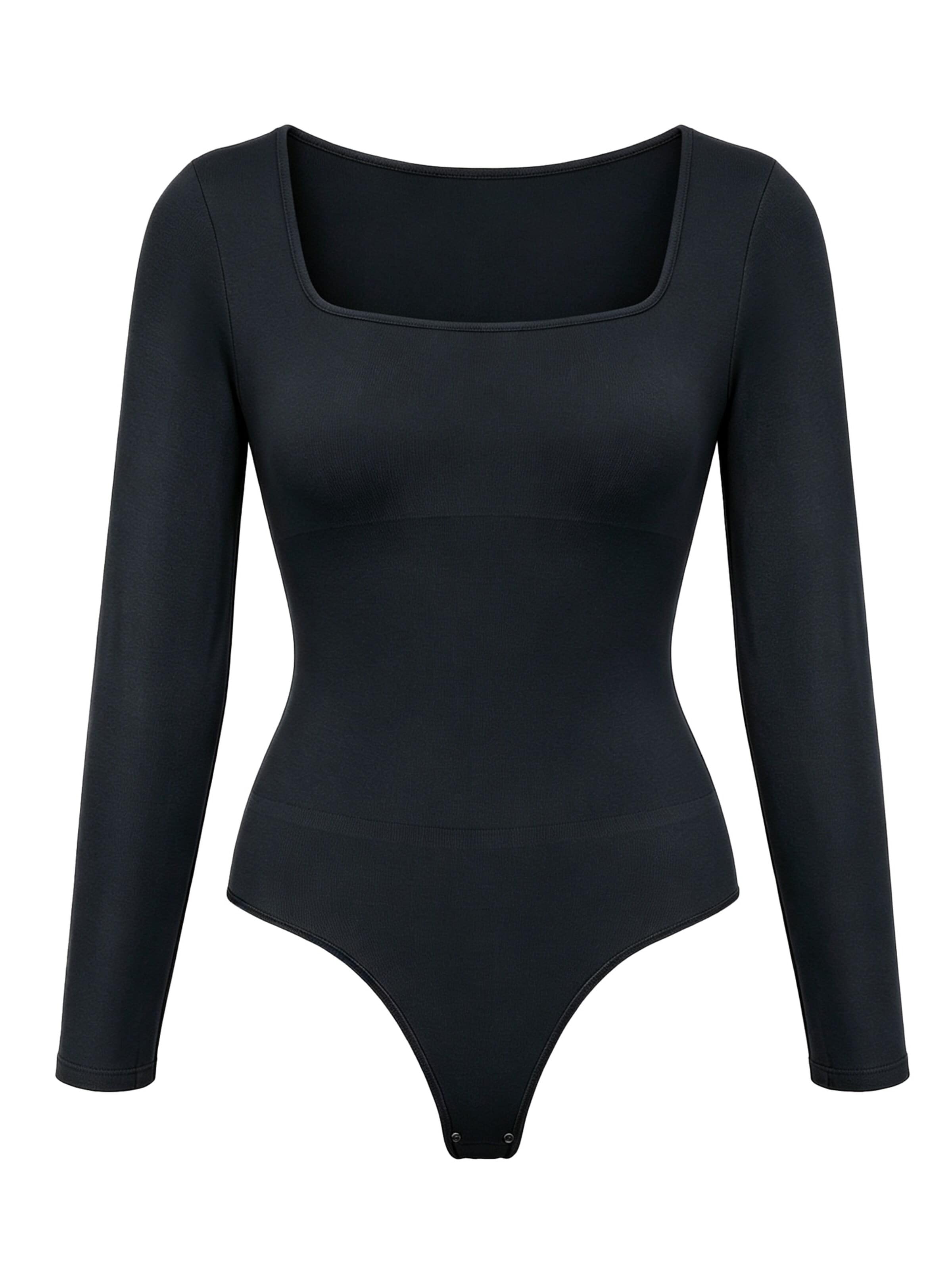 cfab - Body moldeador 'Clean Longsleeve Squareneck Sculpting Bodysuit with String' en negro: frente