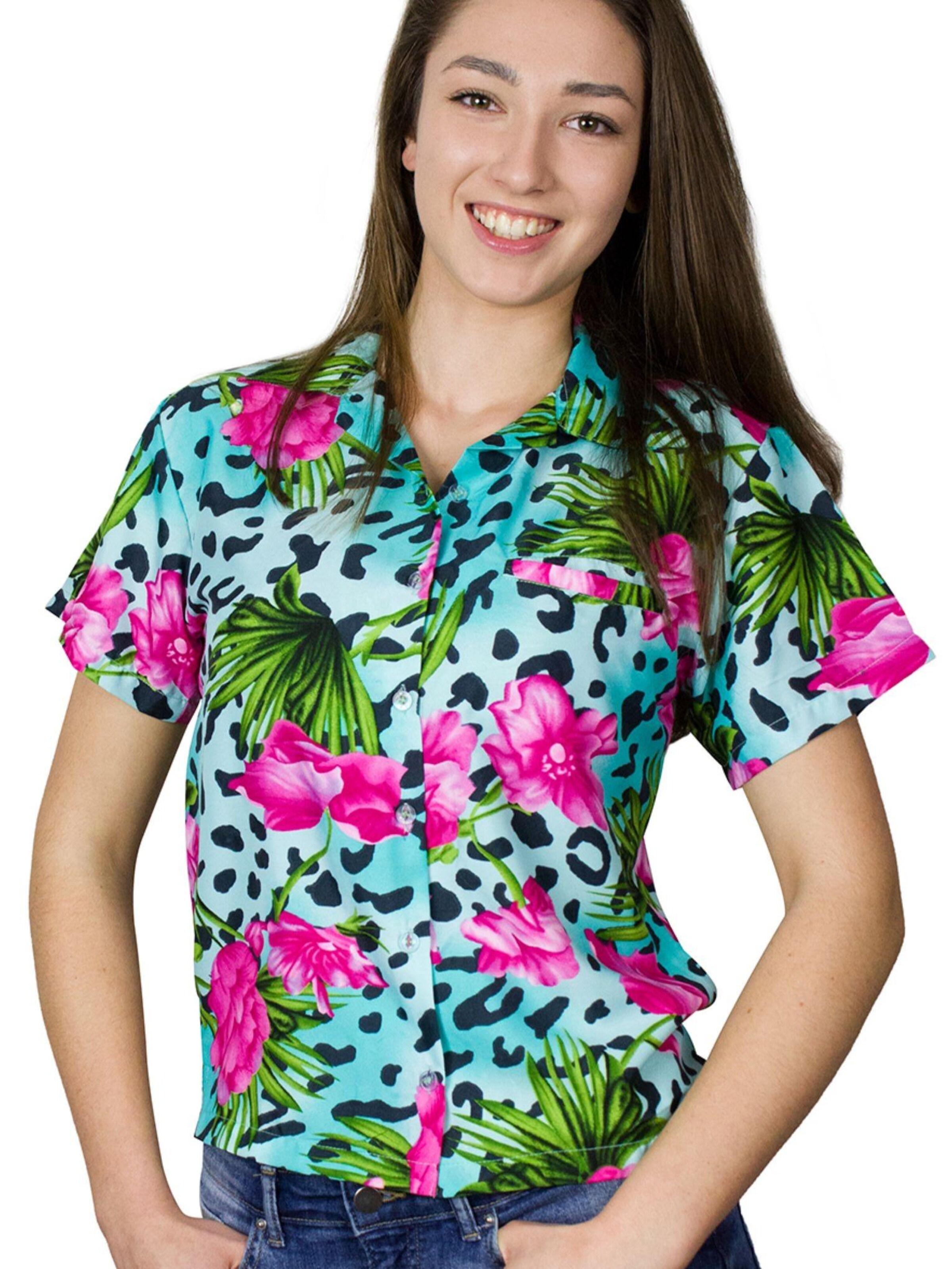 King Kameha Blouse 'Leopard Flowers' in Blue