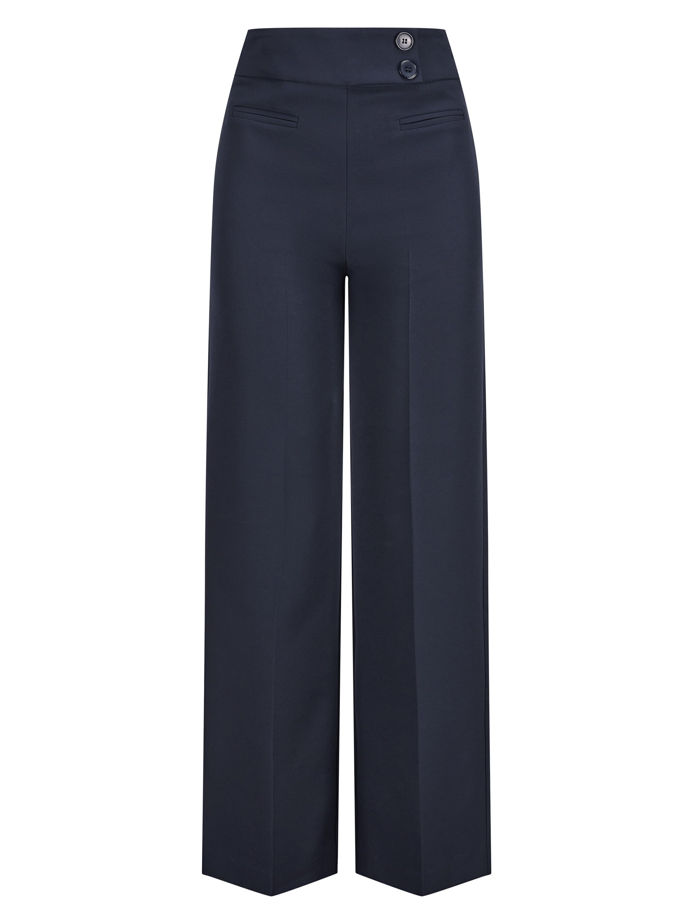 Nicowa Slimfit Marlenehose 'COREANA', hohe Taille, Model trägt Größe 34 in Blau: Vorderseite