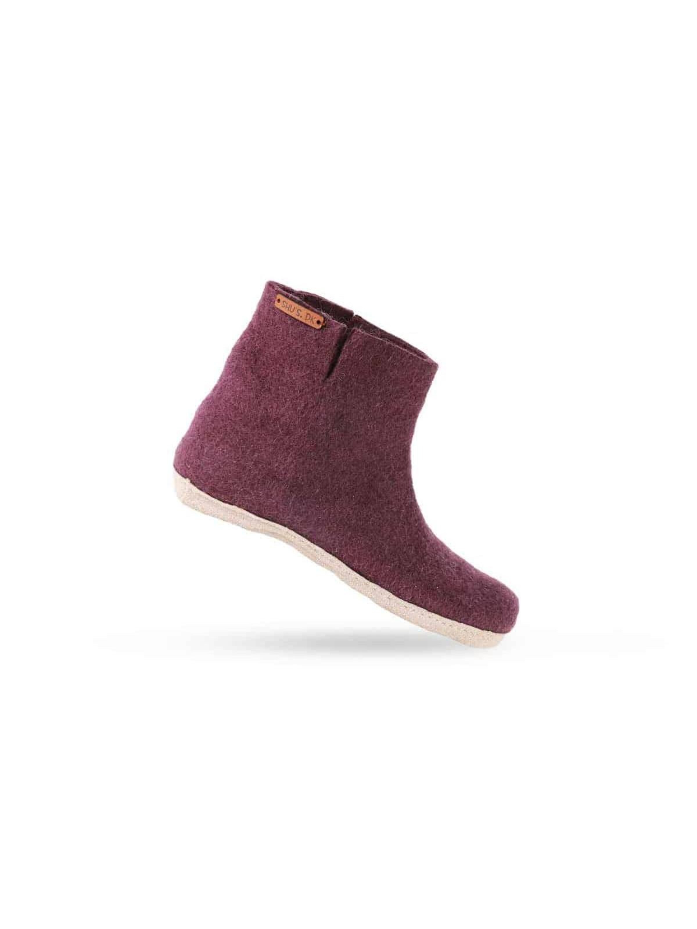 SHUS walk with nature Bootie 'Uldstøvle/sutsko (100% ren uld) - Model lilla m/sål i skind - Dansk Design fra SHUS' in Purple
