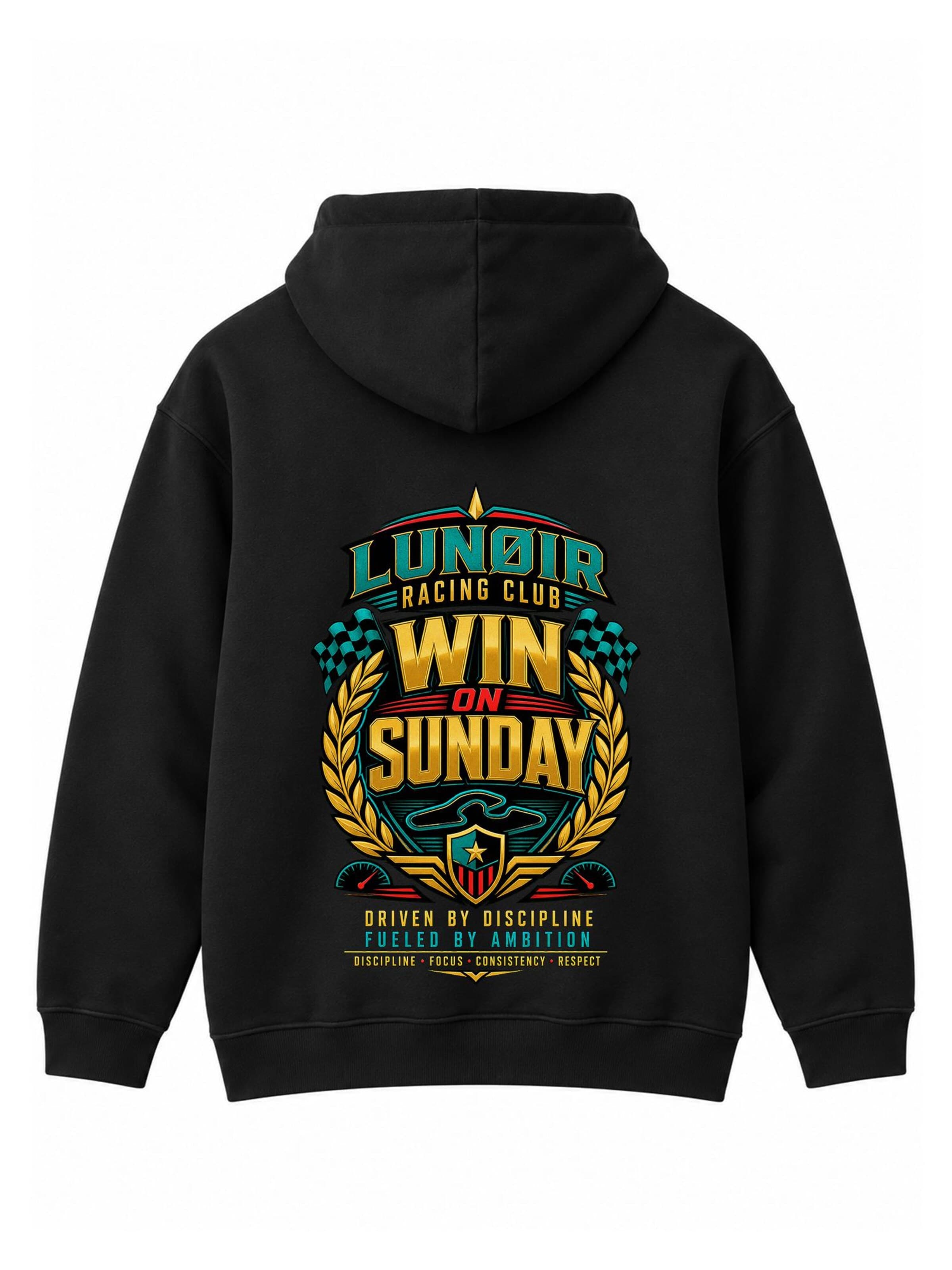 LUNØIR Studio Tréning póló 'Win on Sunday' - fekete: elől