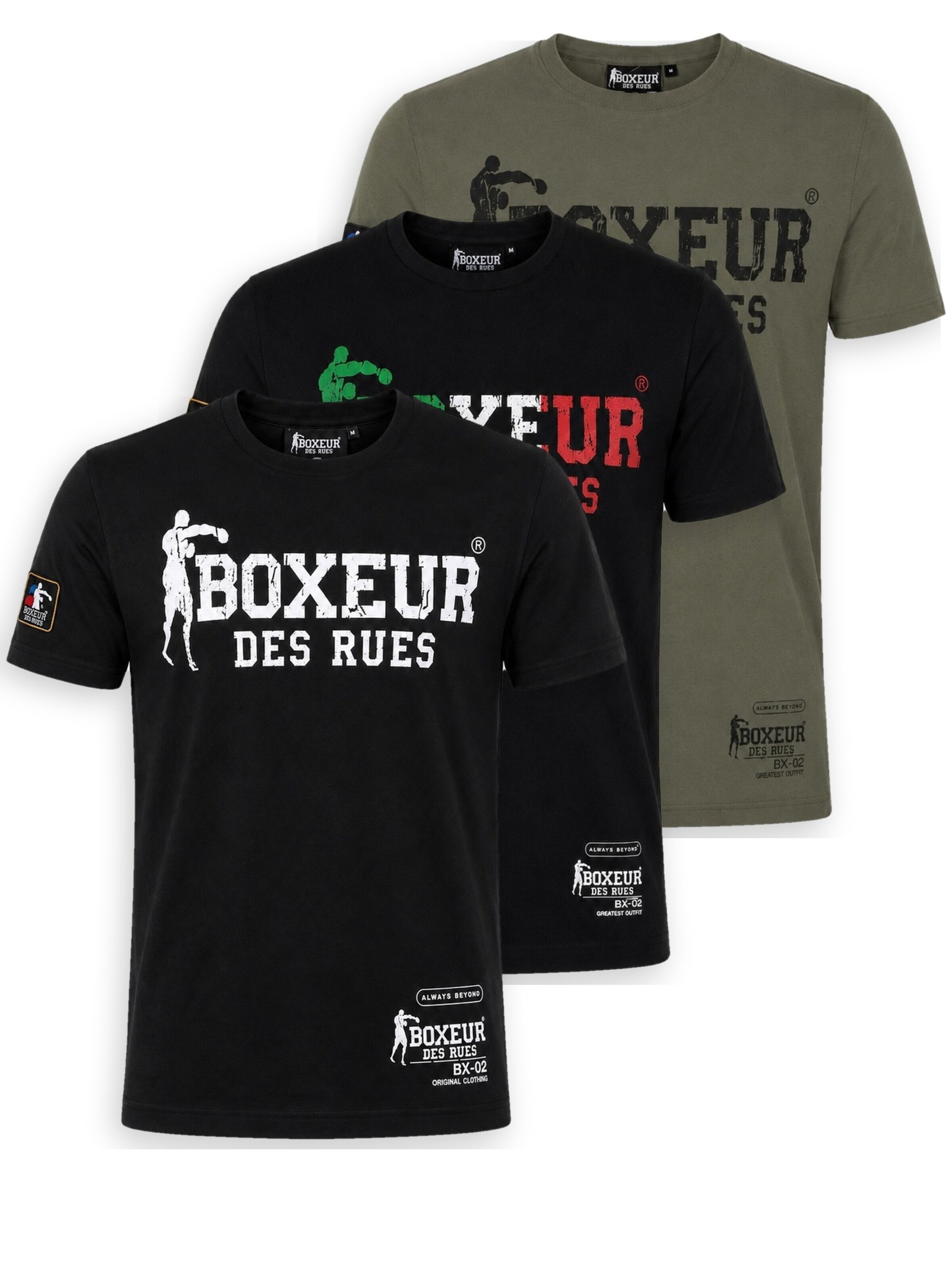 Boxeur des Rues Shirt 'Herren T-Shirt 3er-Pack Boxeur des Rues Slim Fit: Schwarz, Weißes Logo + Schwarz, Dreifarbiges Logo + Oliv'‌‌‌‌‌‌‌‌ in M/Regular in mischfarben, Produktansicht