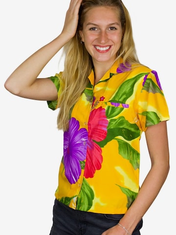 Camicia da donna 'Big Flower' di King Kameha in giallo: frontale