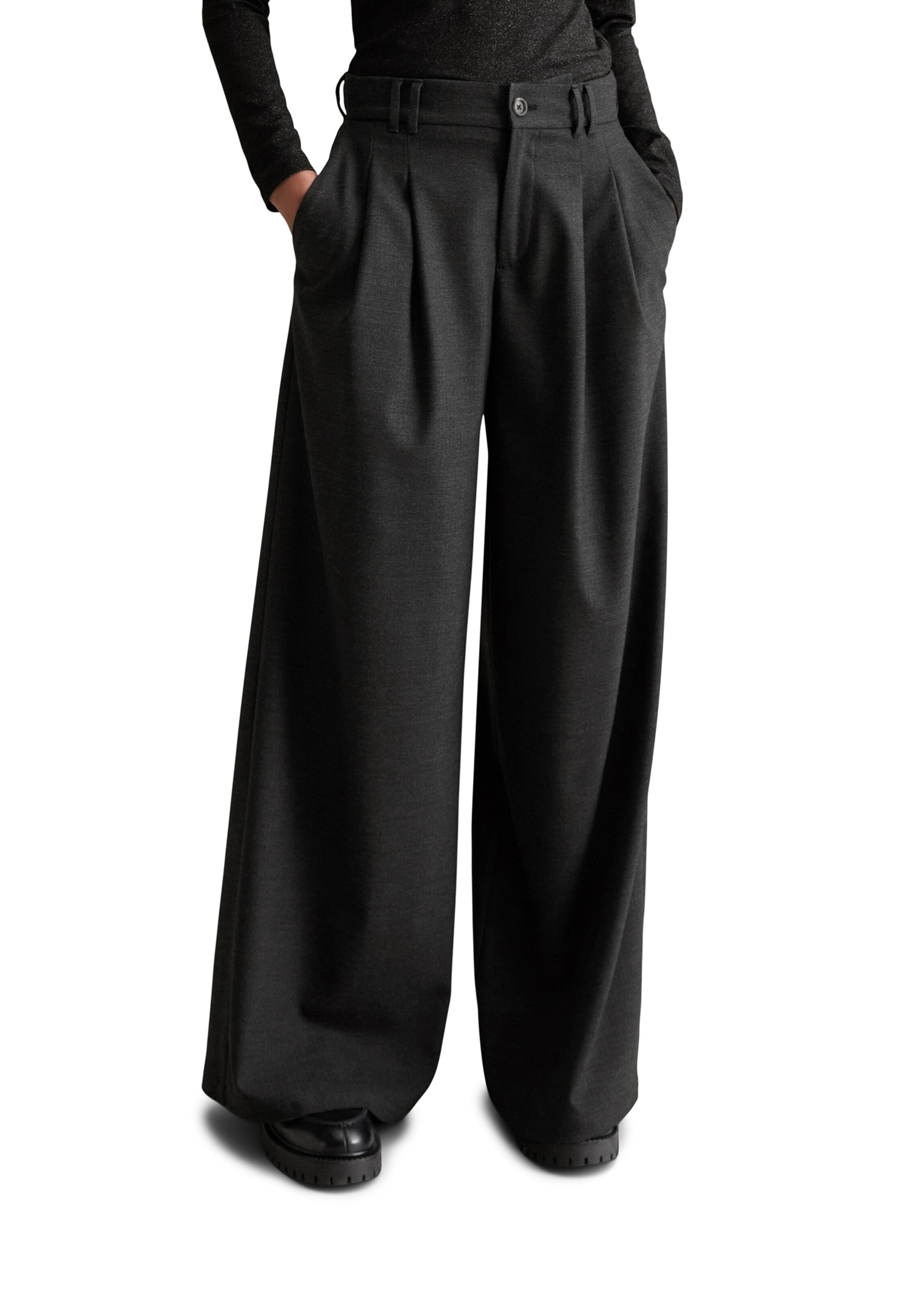 Marc O'Polo DENIM Wide leg Bandplooibroek in Grijs: voorkant