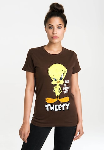 LOGOSHIRT Shirt 'Looney Tunes – Tweety' in Brown: front
