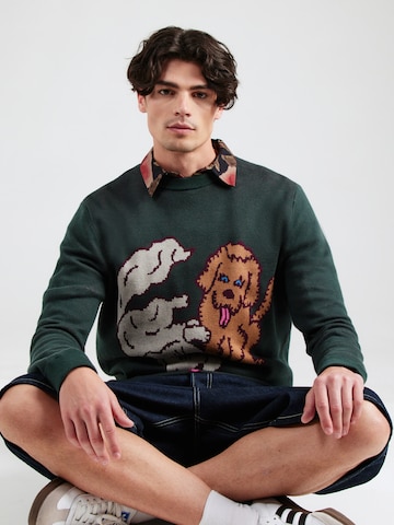 Cleptomanicx Pullover 'Cat & Dog' in Grün: Vorderseite