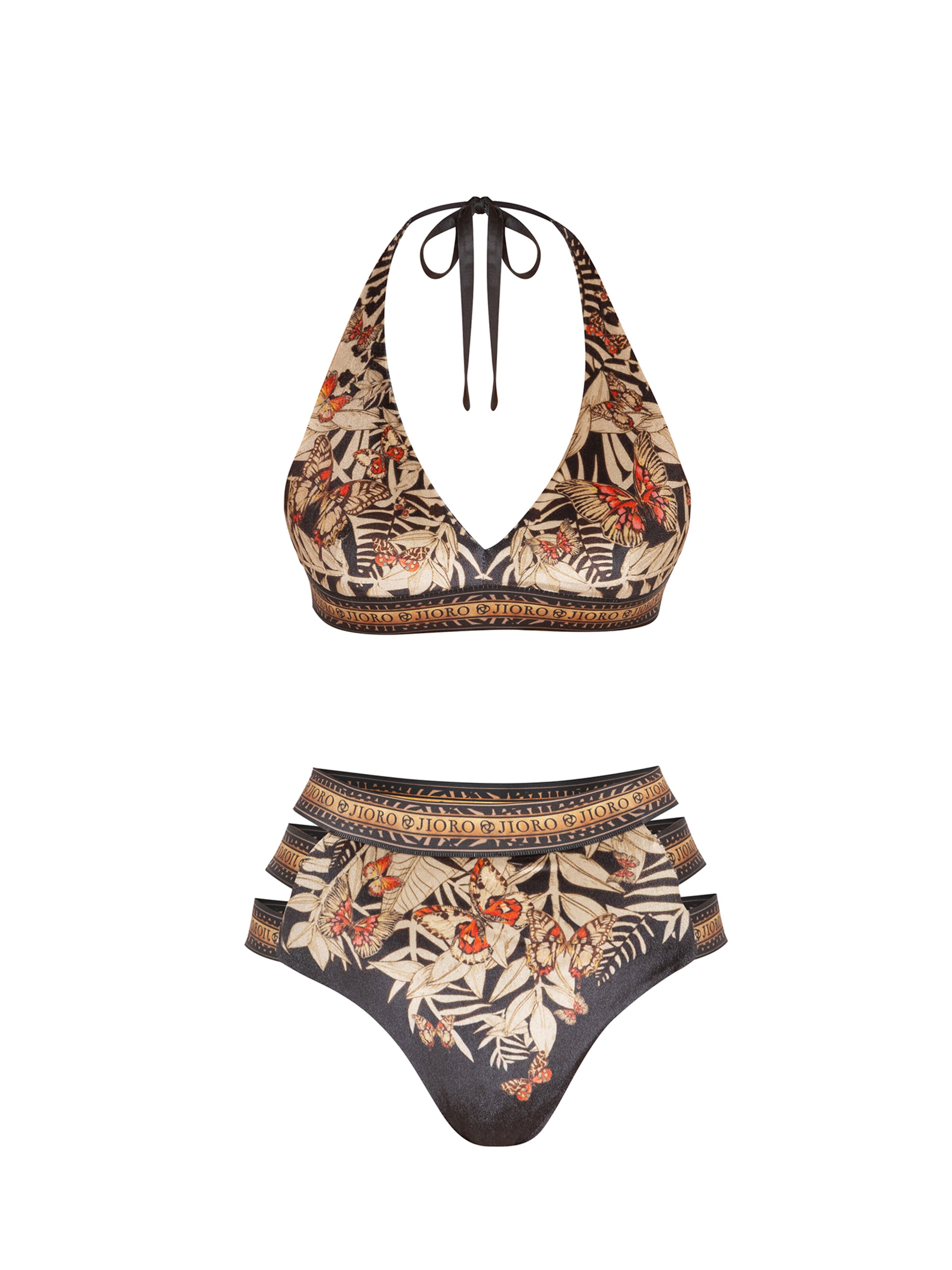 JIORO Triangel Bikinitop 'TRIANGLE VELVET TOP - MIDNIGHT BUTTERFLIES' in Zwart
