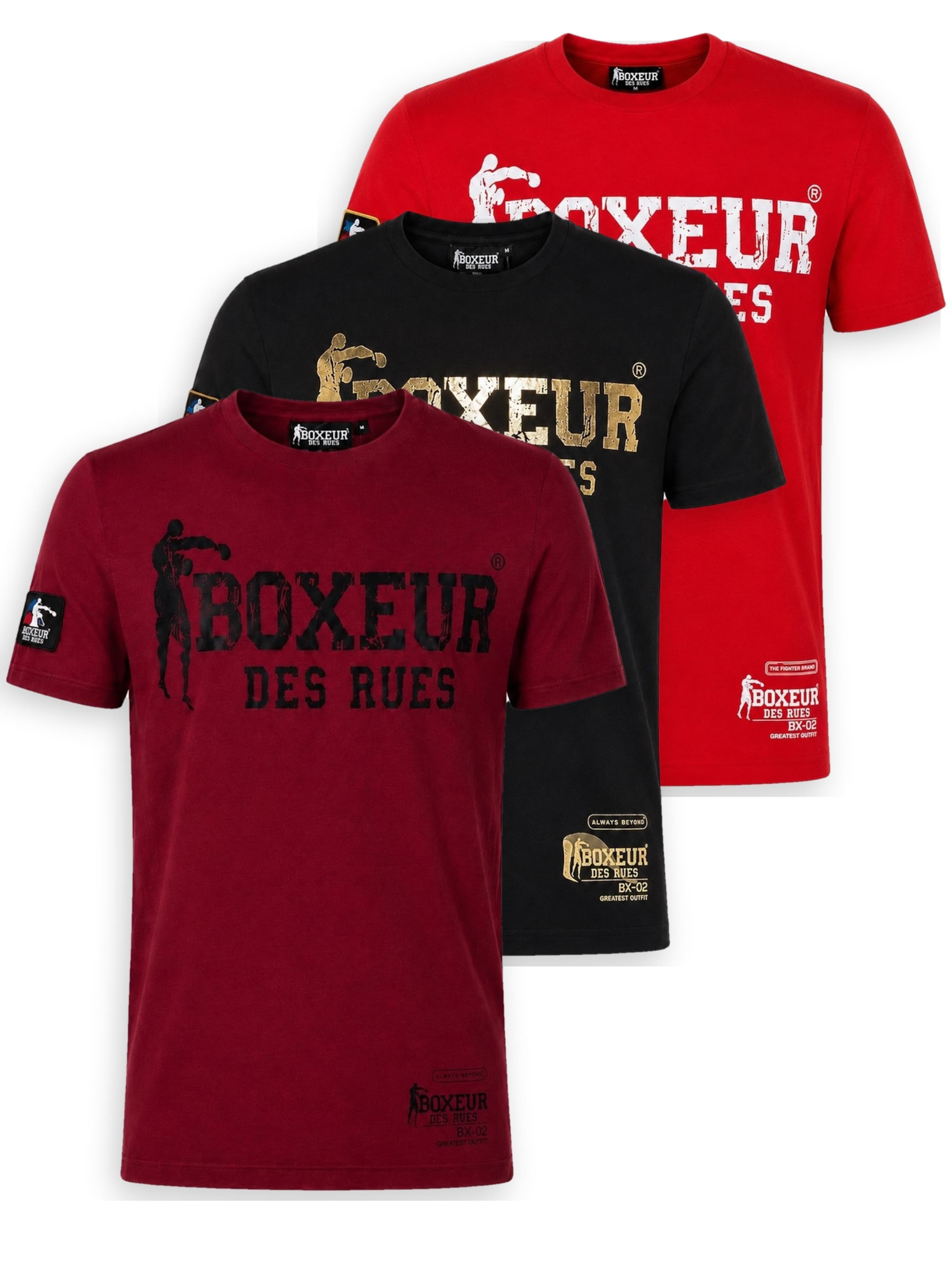 Boxeur des Rues Shirt 'Herren T-Shirt 3er-Pack Boxeur des Rues Slim Fit: Bordeaux, Schwarzes Logo + Schwarz, Goldenes Logo + Rot, Weißes Logo' in Gemengde kleuren: voorkant