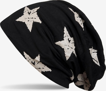 styleBREAKER Mütze 'Beanie mit Sterne Print im Destroyed Look' in Schwarz: Vorderseite