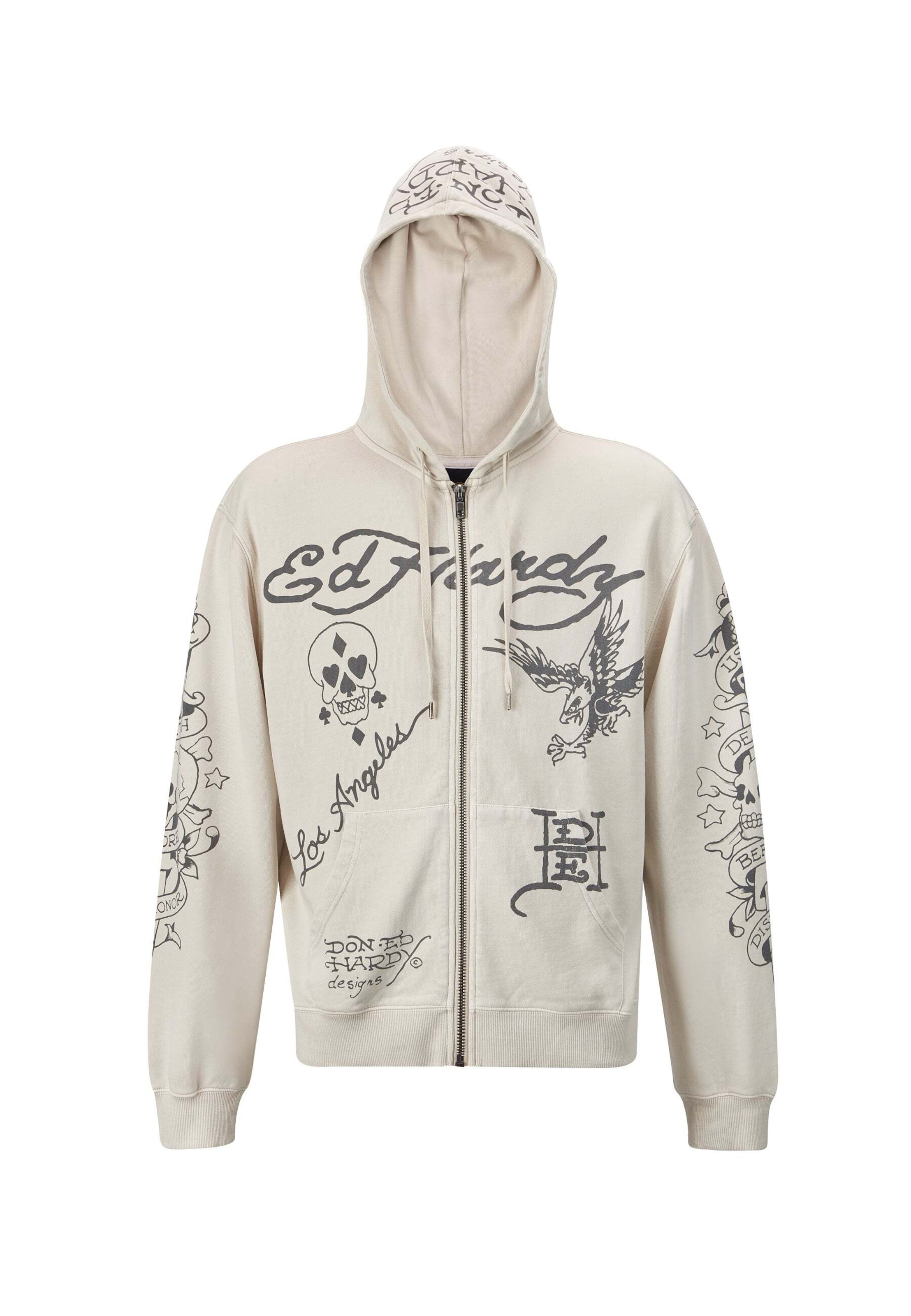 Ed Hardy Sweatjacke 'Death Before Dishonor' in Beige: Vorderseite