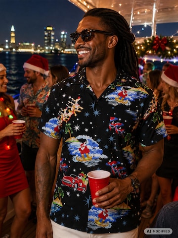 Regular fit Camicia 'Christmas Surf Santa' di King Kameha in nero