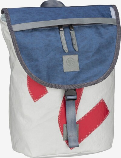 360 Grad Rucksack in blue denim / grau / rot / weiß, Produktansicht