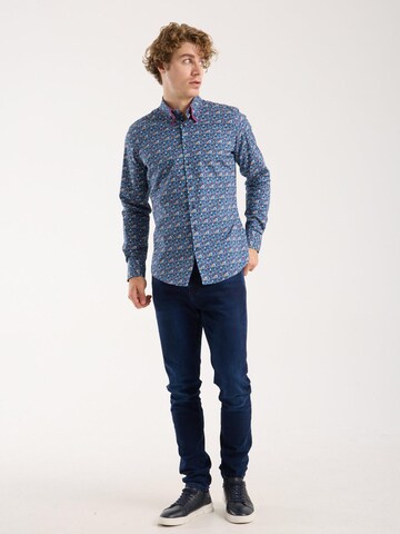 7Camicie Slim fit Zakelijk overhemd 'Sport Poplin Stretch Man Shirt Blue Yellow' in Blauw