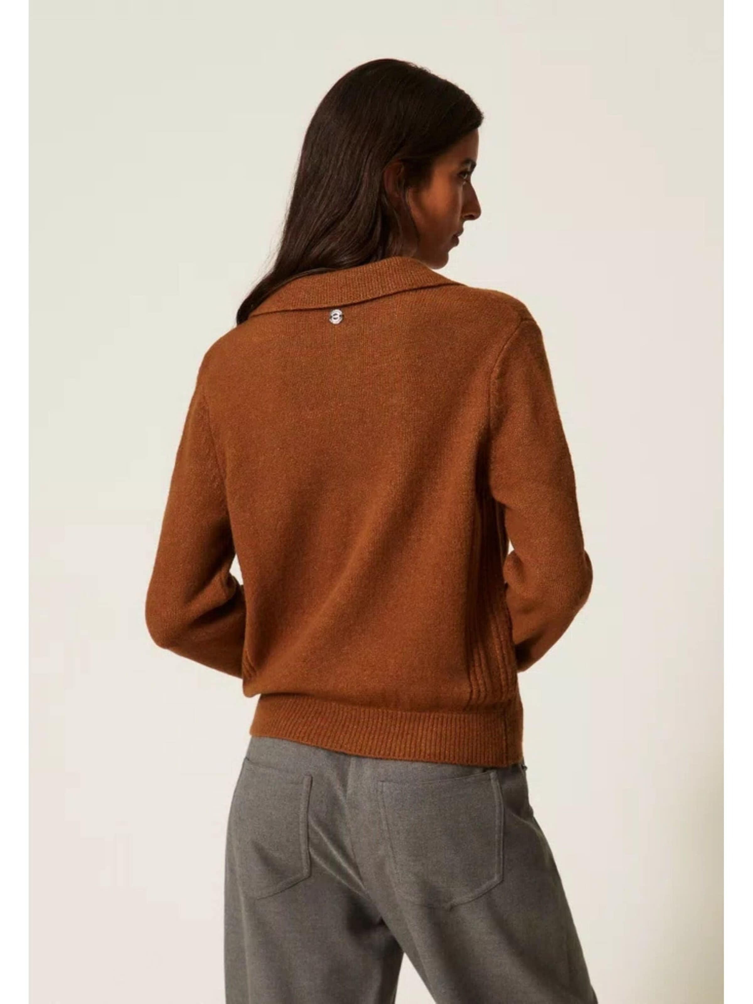 Twinset Trui 'Polo Shirt with Cabochon Embroidery' in Bruin