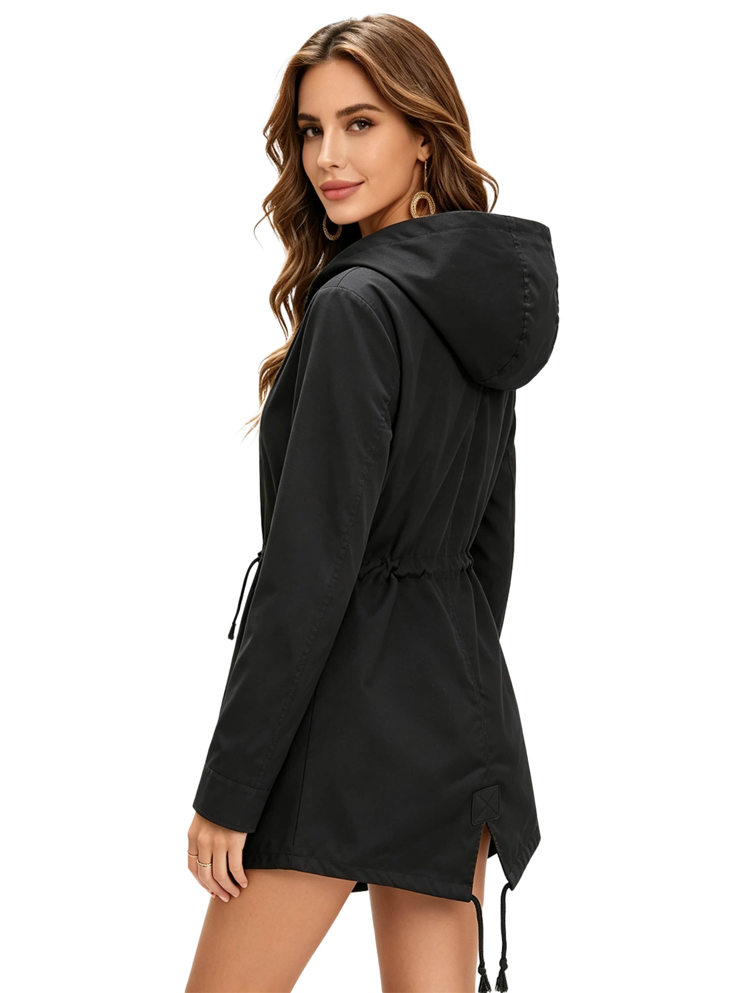 KoJooin Płaszcz funkcyjny 'Damen lange Kapuzen-Regenjacke mit Taille – Wasserdichter Windbreaker und Outdoor-Mantel für Schutz' w kolorze czarny