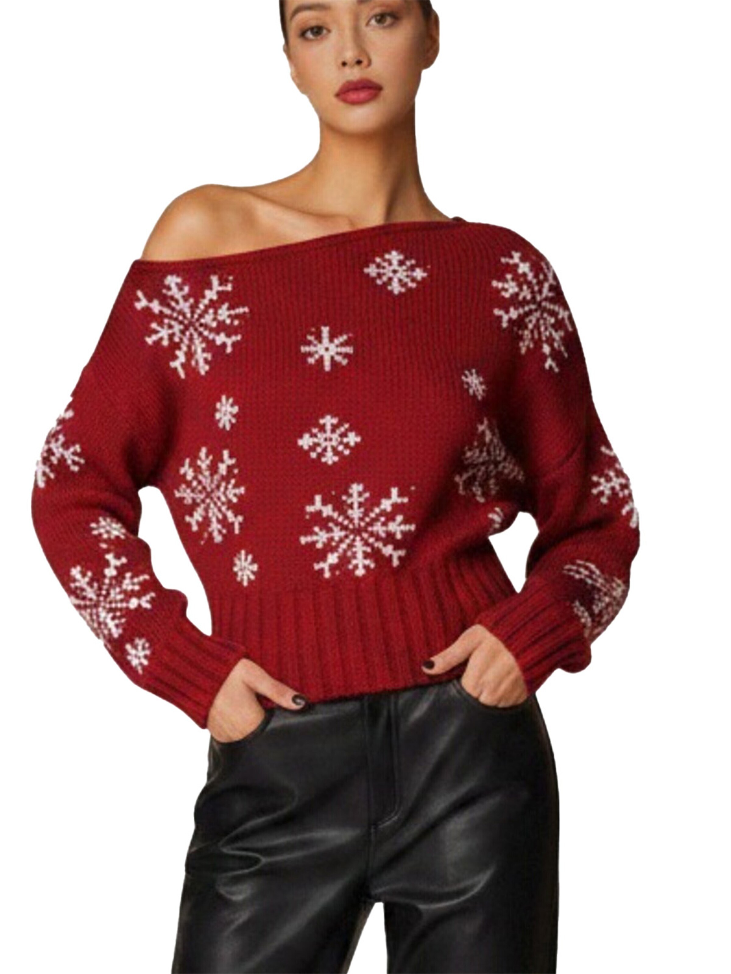 KoJooin Pullover 'Damen Kurzer Pullover mit Snowflake-Muster Süßer Weihnachten Rollkragen Strickpullover Festliche'‌‌‌‌‌‌‌ in Rot