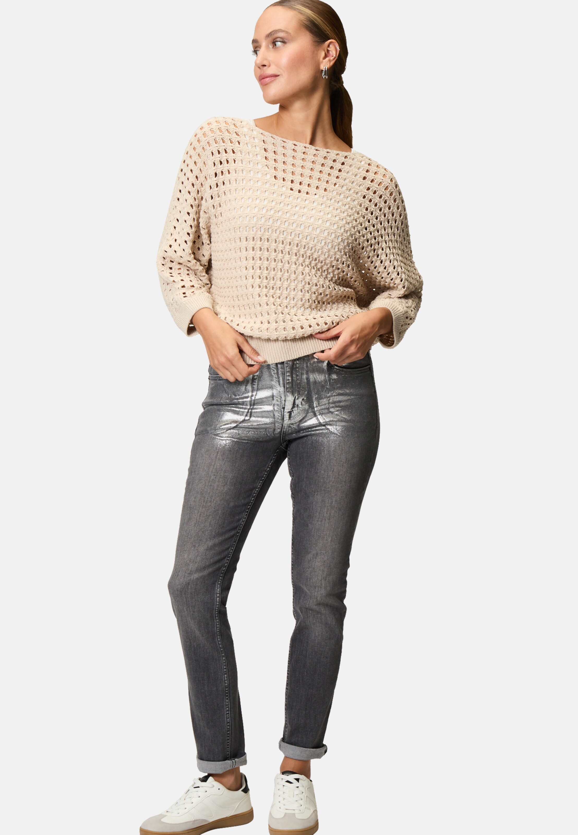 zero Pullover mit Lochmuster in Beige