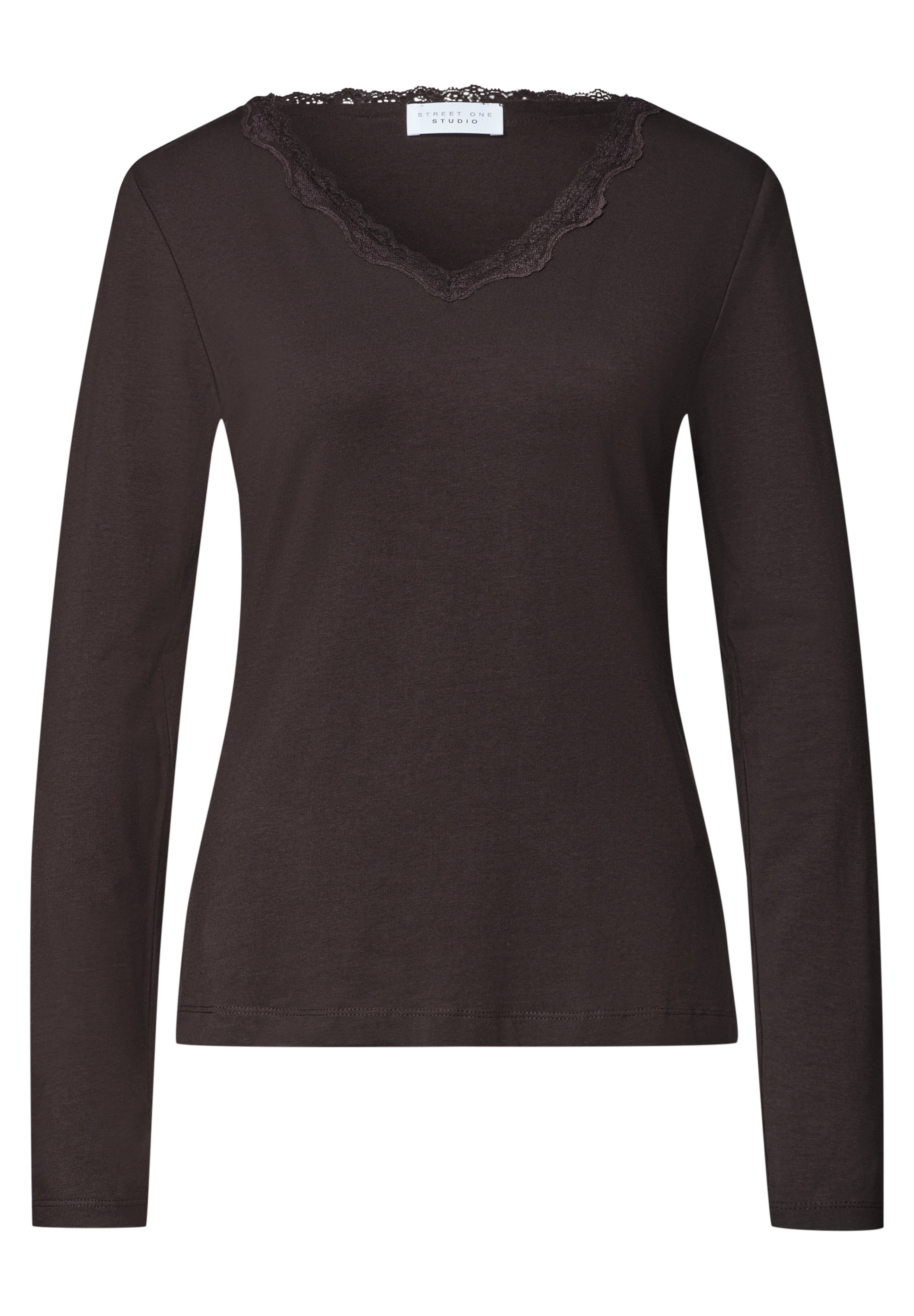 Street One Studio Langarm Shirt mit V-Neck und Spitze in Braun: Vorderseite