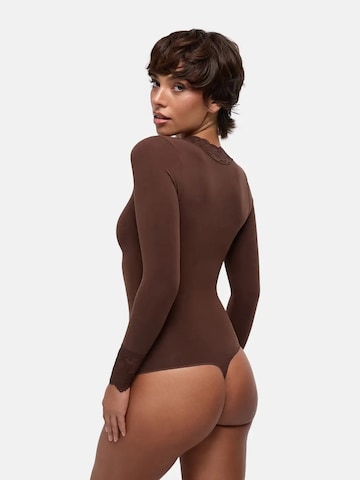 cfab - Body moldeador 'Clean Longsleeve V-Neck with Lace Sculpting Bodysuit with String' en marrón