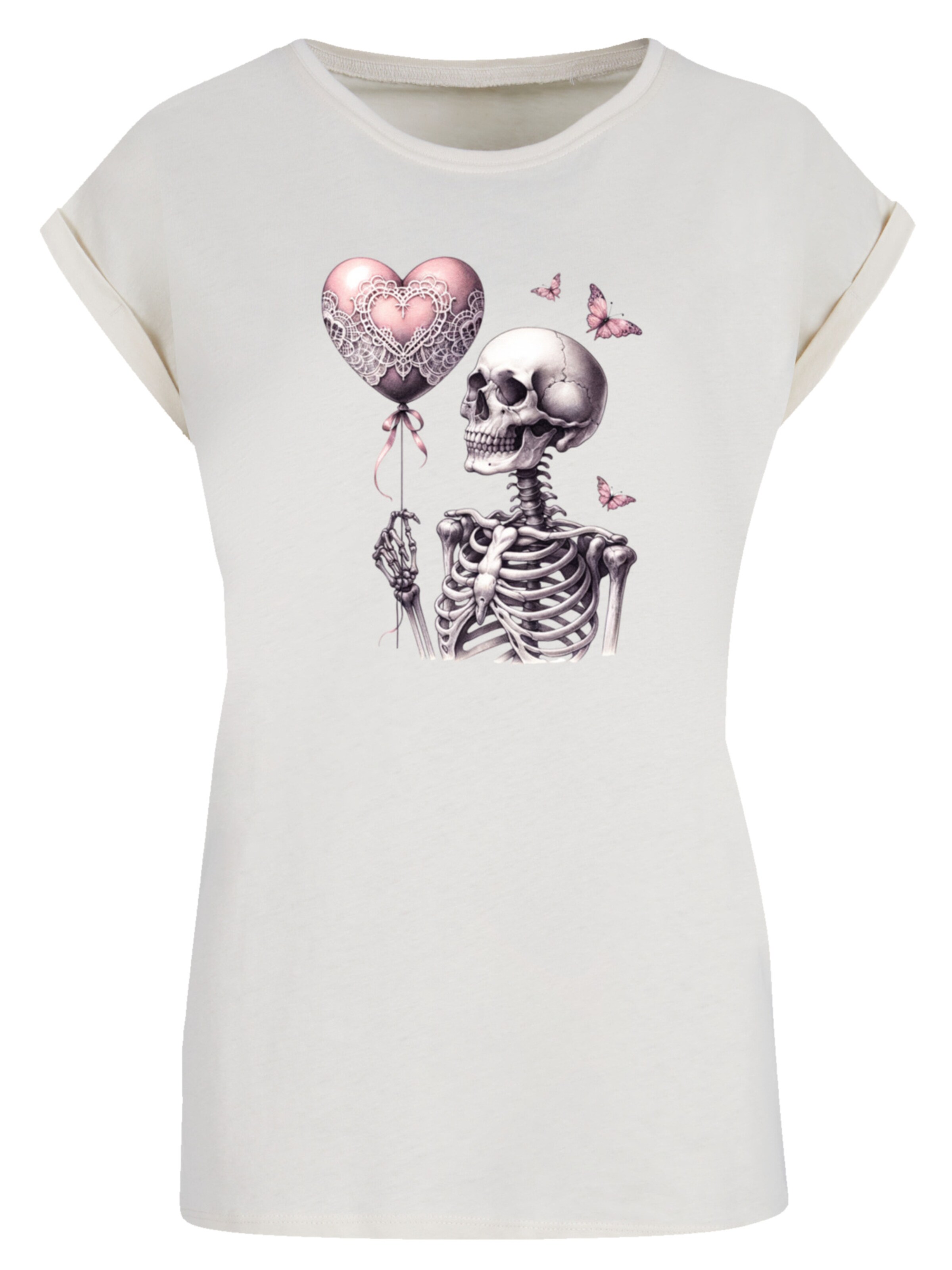 F4NT4STIC Shirt 'Skelett hält Herzballon' in Beige: voorkant