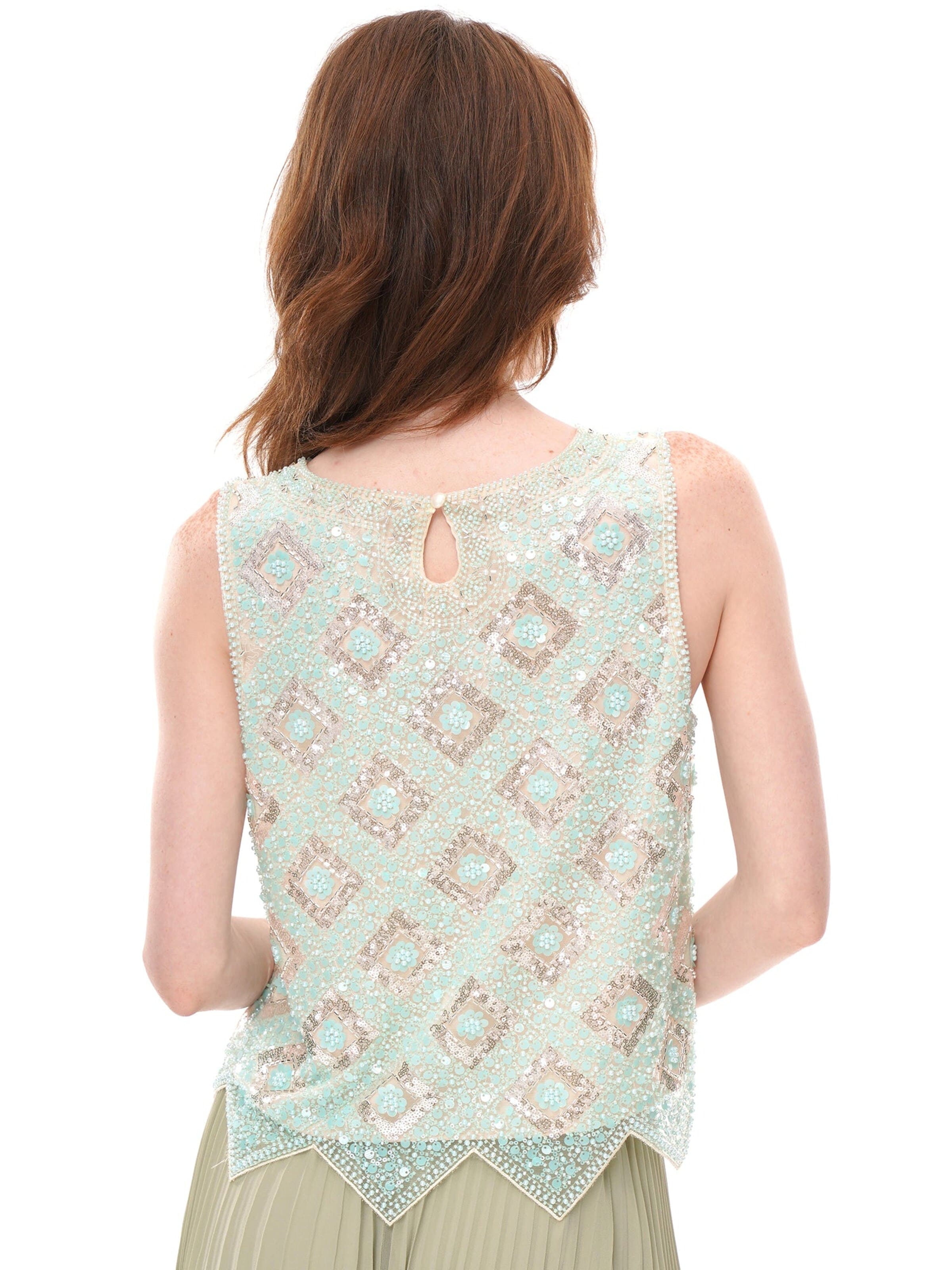 yoligex Top 'Mint Green Geometric Floral Beaded Sequin Mesh Sleeveless Top, Round Neck Irregular Pointed Hem Sheer Vest' w kolorze zielony