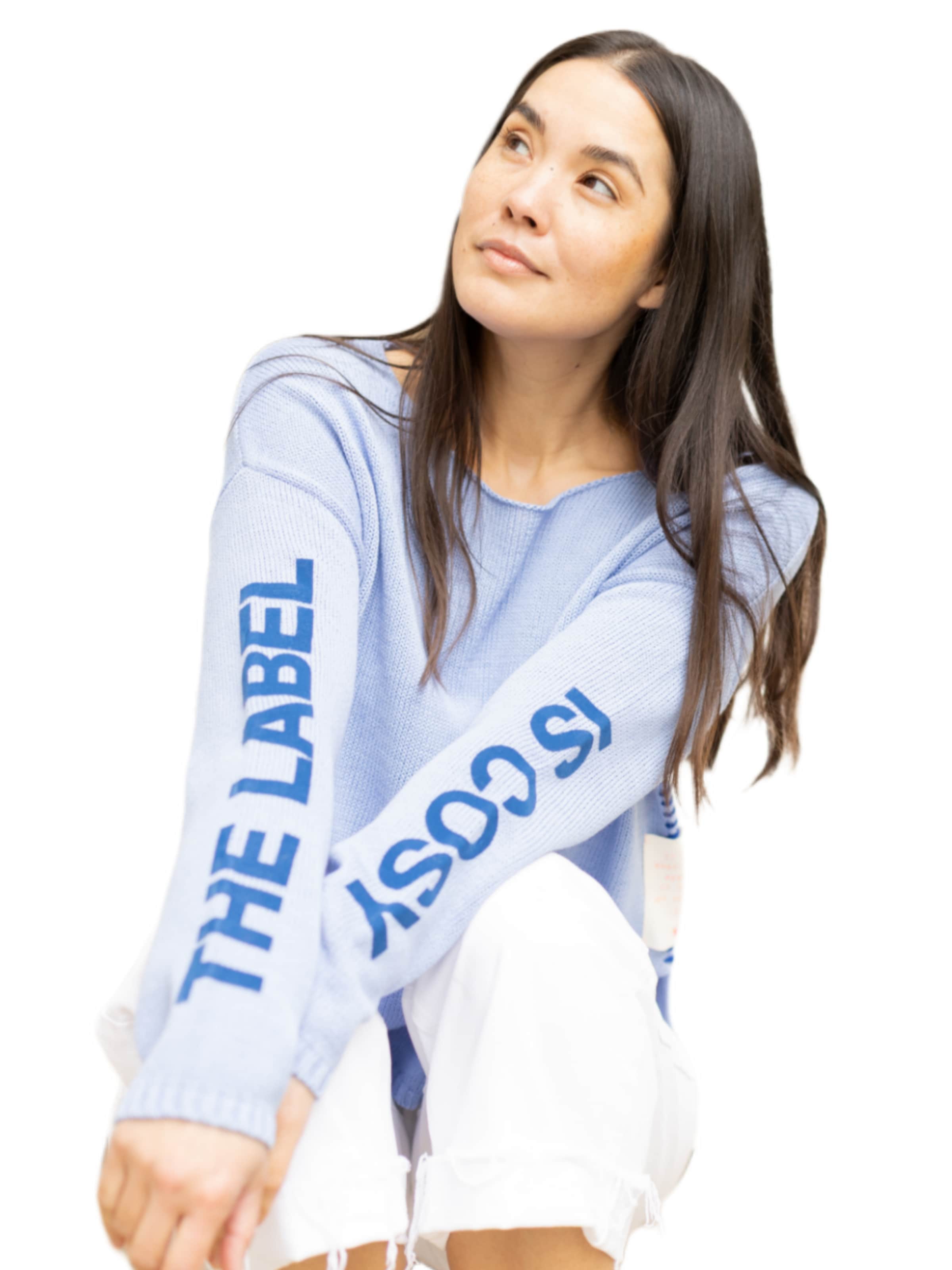 Pullover 'Strickpullover mit Flockschrift und Ziernaht' di LIKS. Munich in blu
