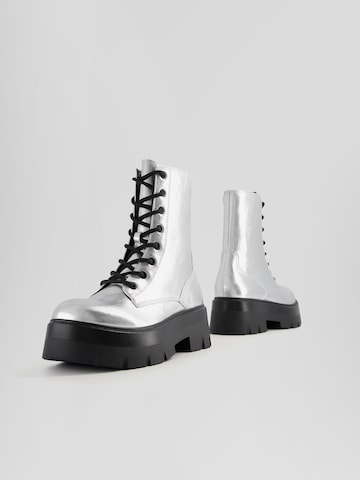 Bershka Lace-Up Ankle Boots in Silver