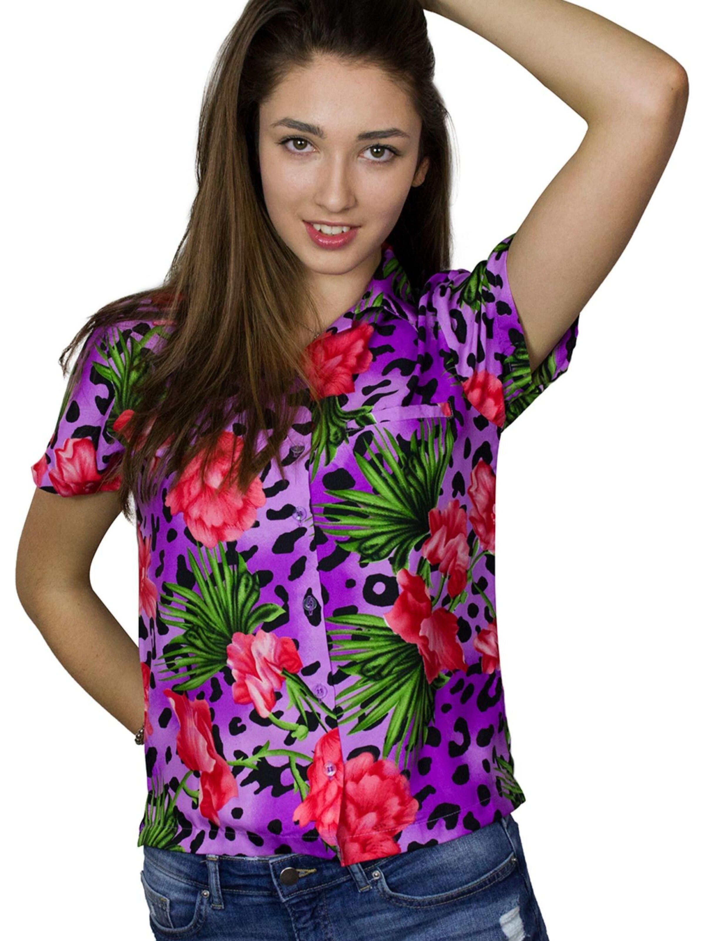 King Kameha Blouse 'Leopard Flowers' in Purple