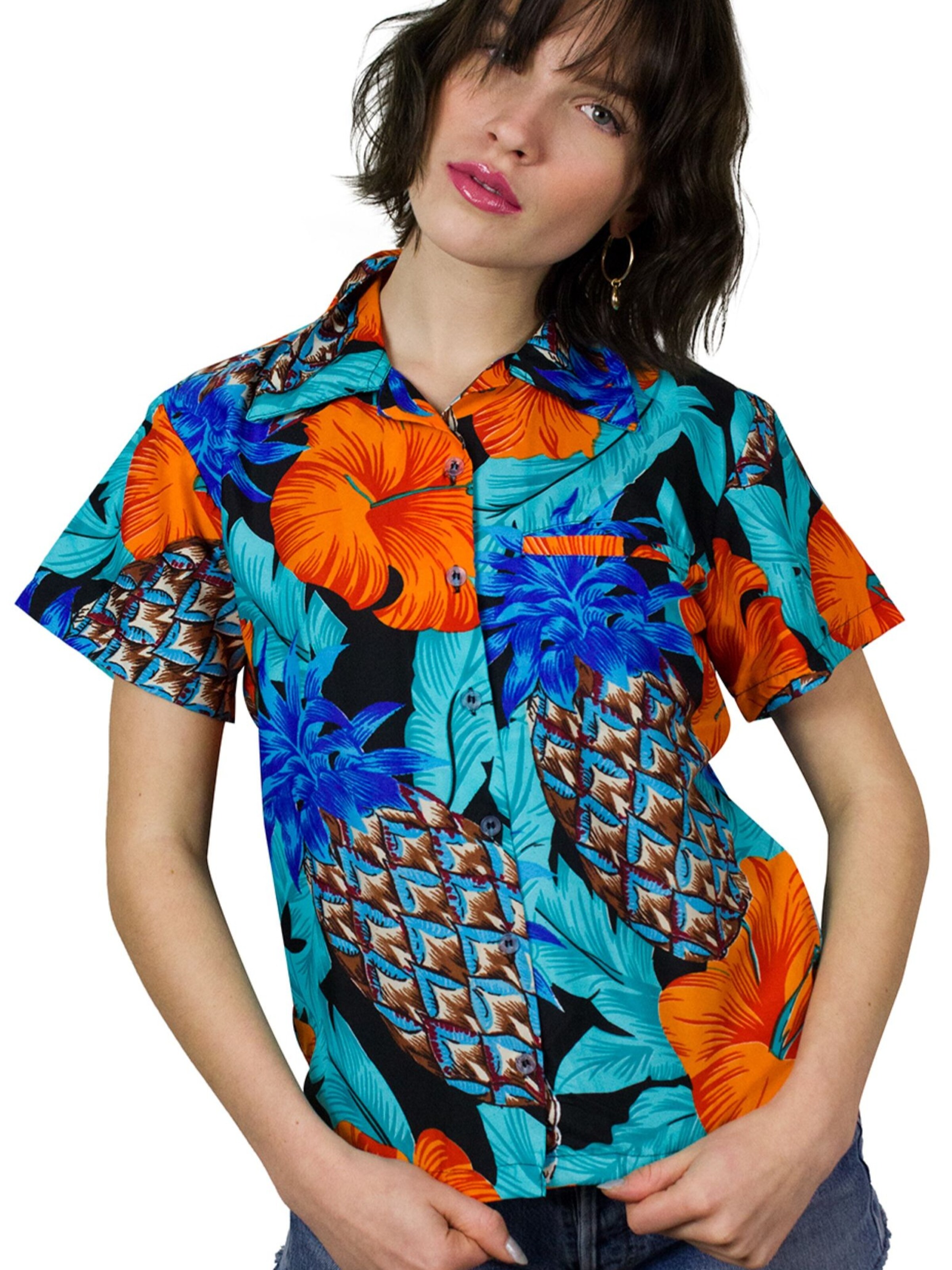 King Kameha Bluse 'Pineapple Hibiscus Black Line'‌‌‌‌ in Blau: Vorderseite
