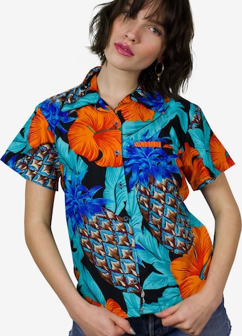 King Kameha Bluse 'Pineapple Hibiscus Black Line' in Blau: Vorderseite