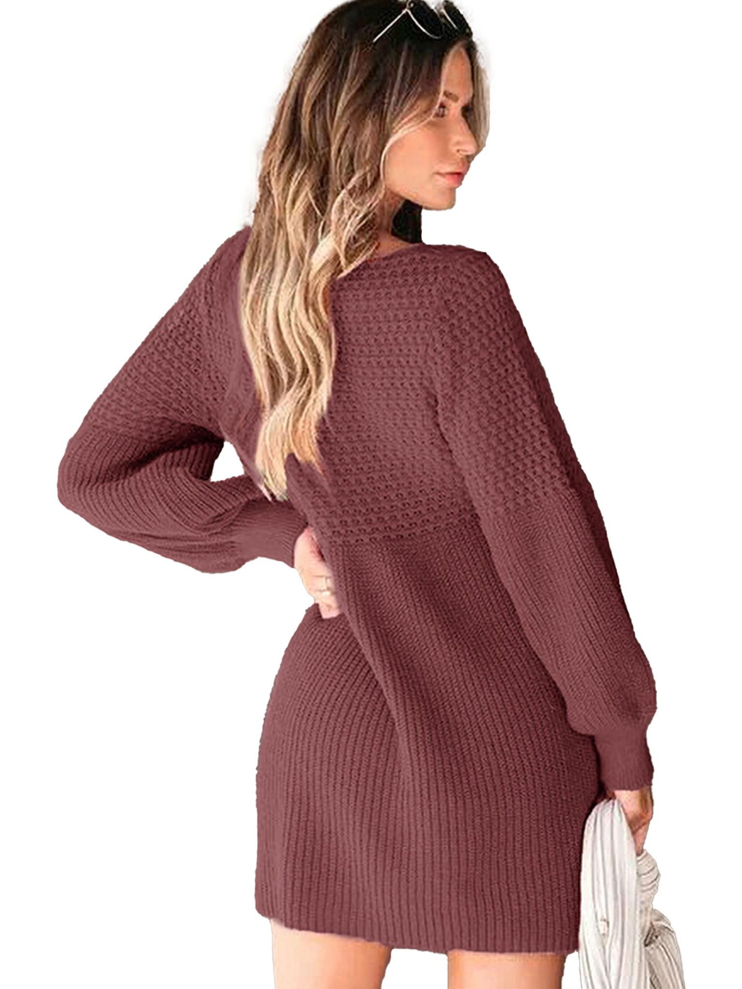 KoJooin Sukienka 'Damen-Strickkleid mit V-Ausschnitt,langen Ärmeln und Struktur – lässiges Herbstkleid aus Strick' w kolorze czerwony