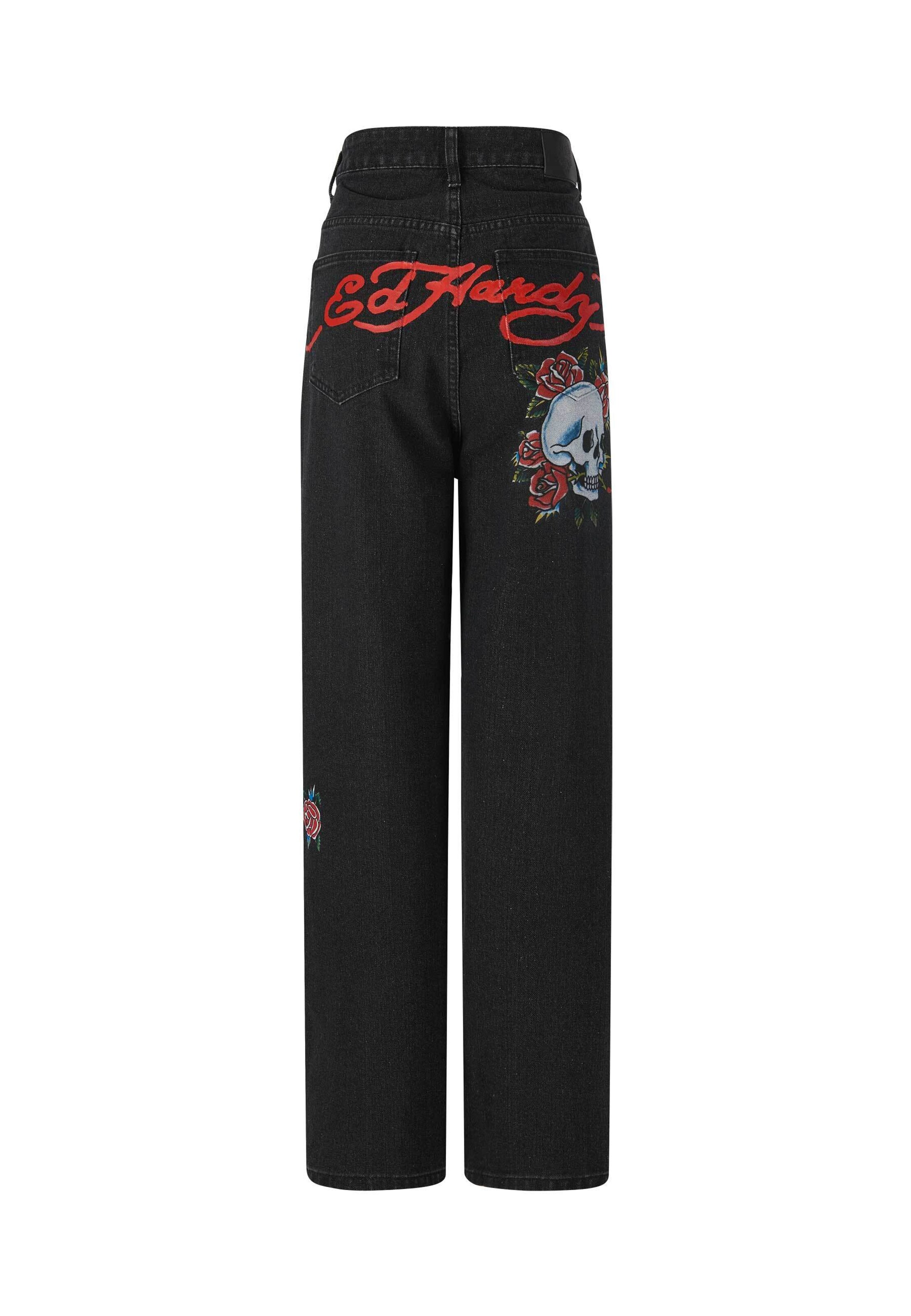 Ed Hardy Lużny krój Jeansy 'Blooming Death' w kolorze czarny